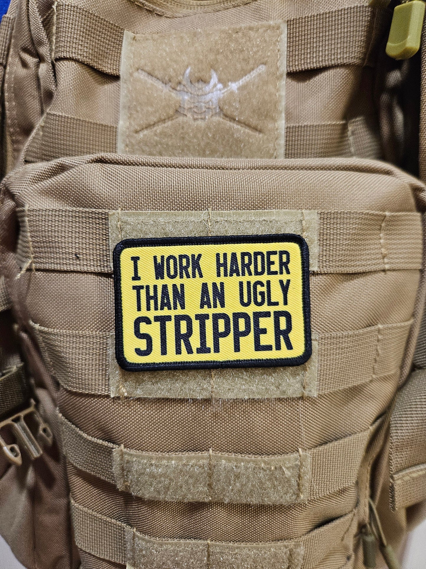 I work harder than an ugly stripper 2"x3" removable morale patch with hook and loop backing