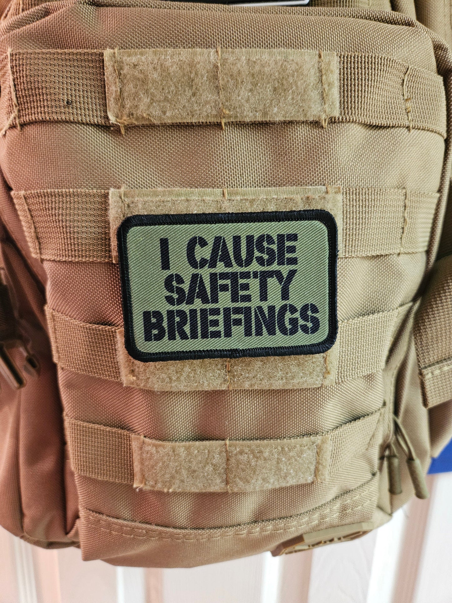 I cause safety briefings funny meme edc olive green 2"x3" morale patch with hook and loop backing military joke meme