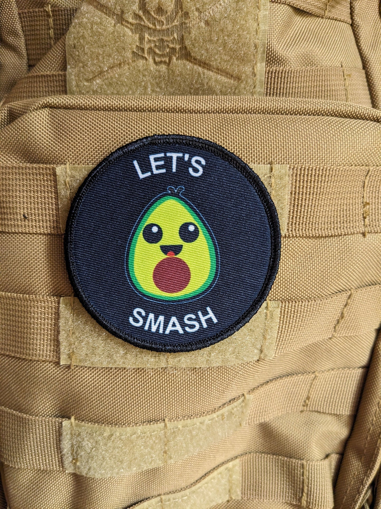 Cute avocado guacamole let's smash meme 3" circle removable morale patch with hook and loop backing
