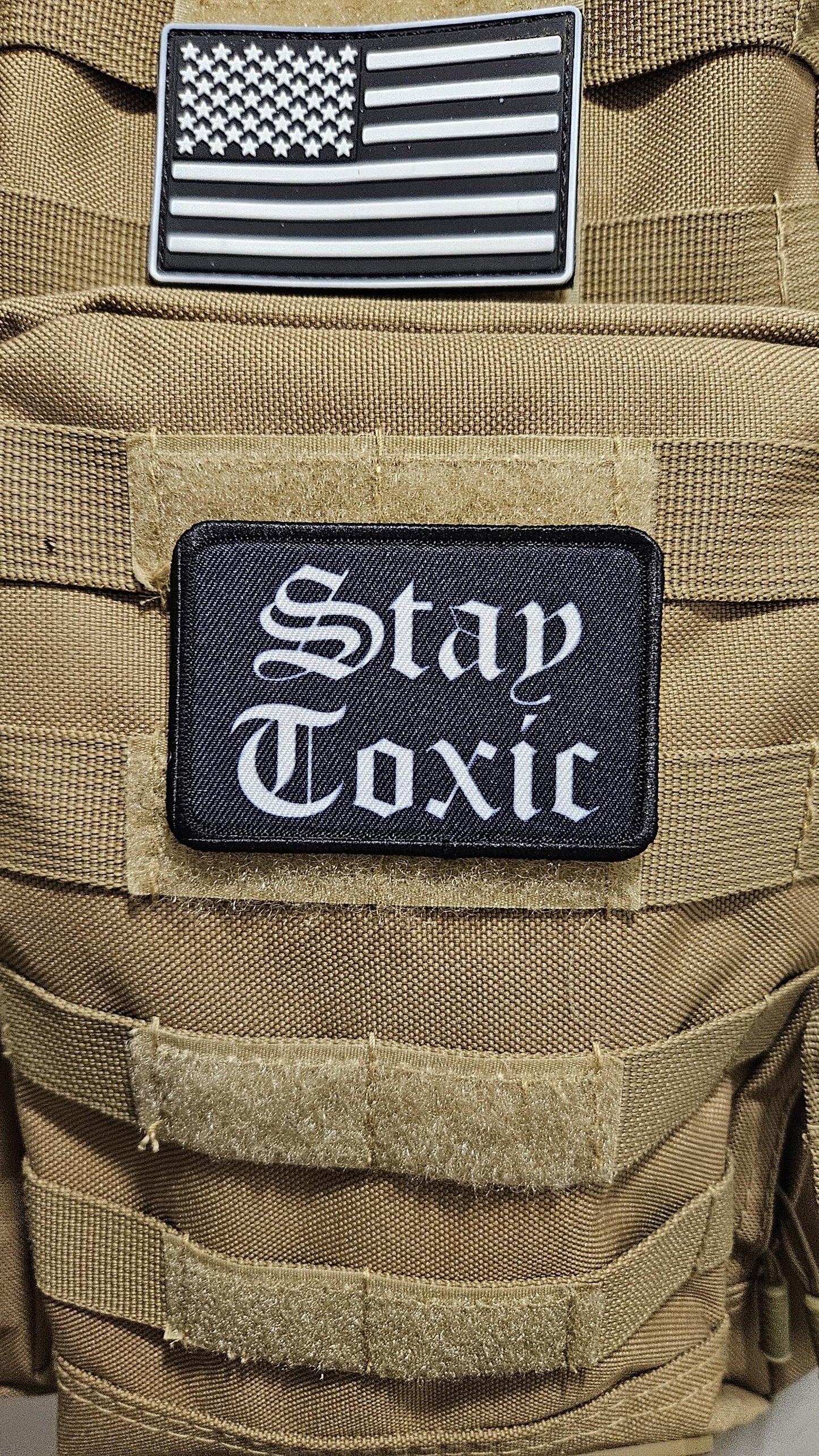 Stay toxic meme white on black 2"x3" removable morale patch with hook and loop backing