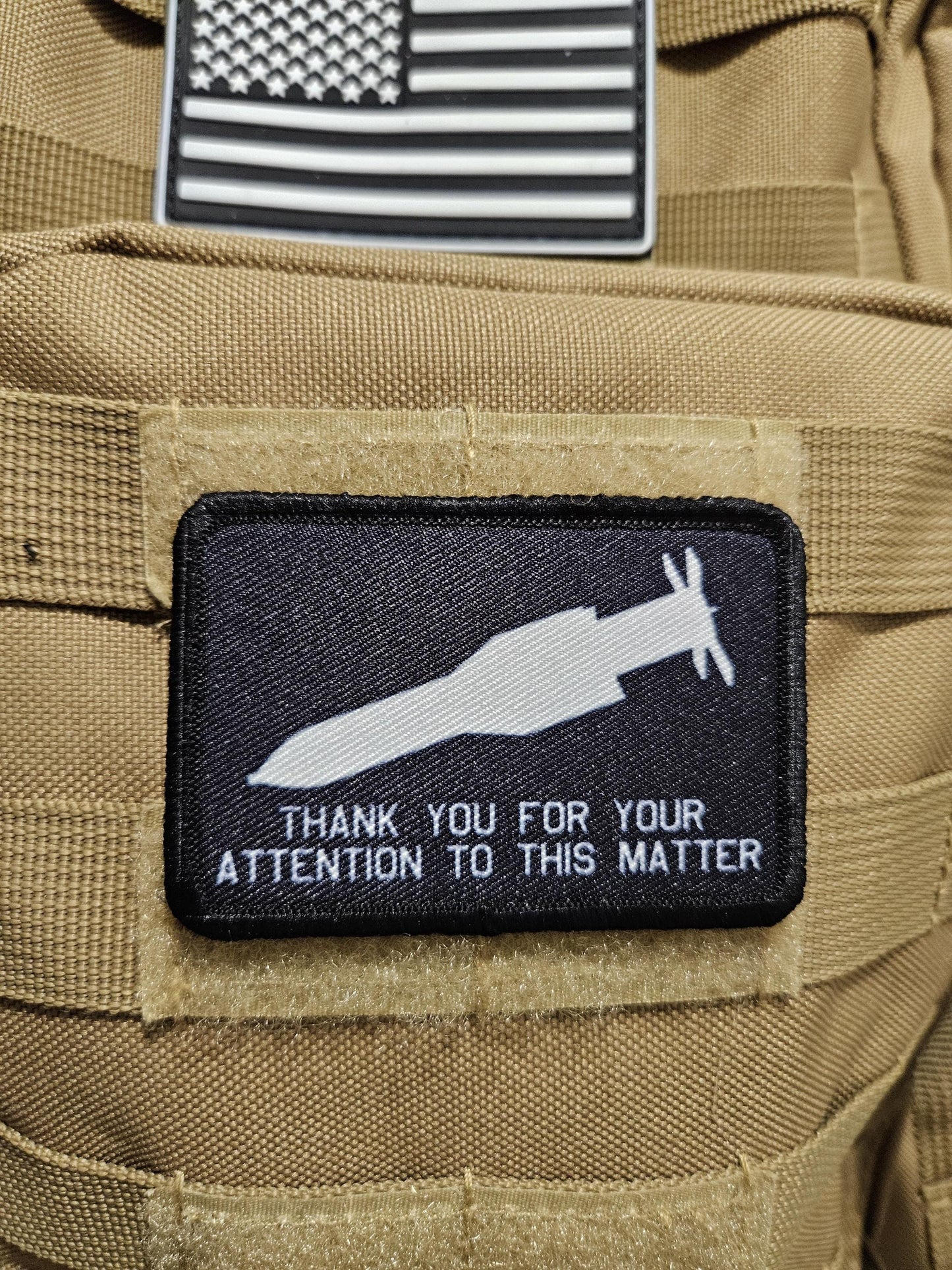 Bunker buster thank you for your attention to this matter meme 2"x3" removable morale patch with hook and loop backing