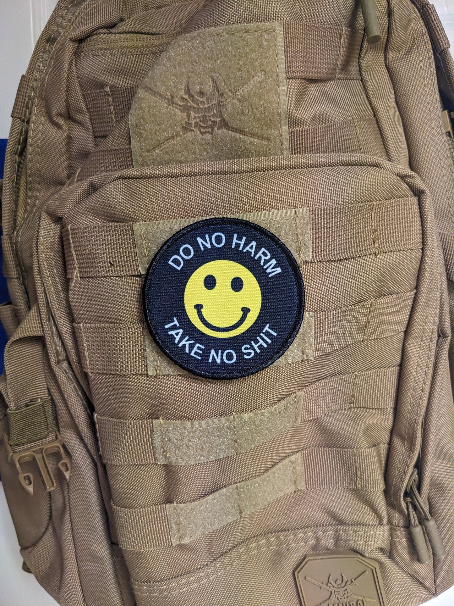 Do no harm take no shit smile meme 3" circle removable morale patch with hook and loop backing