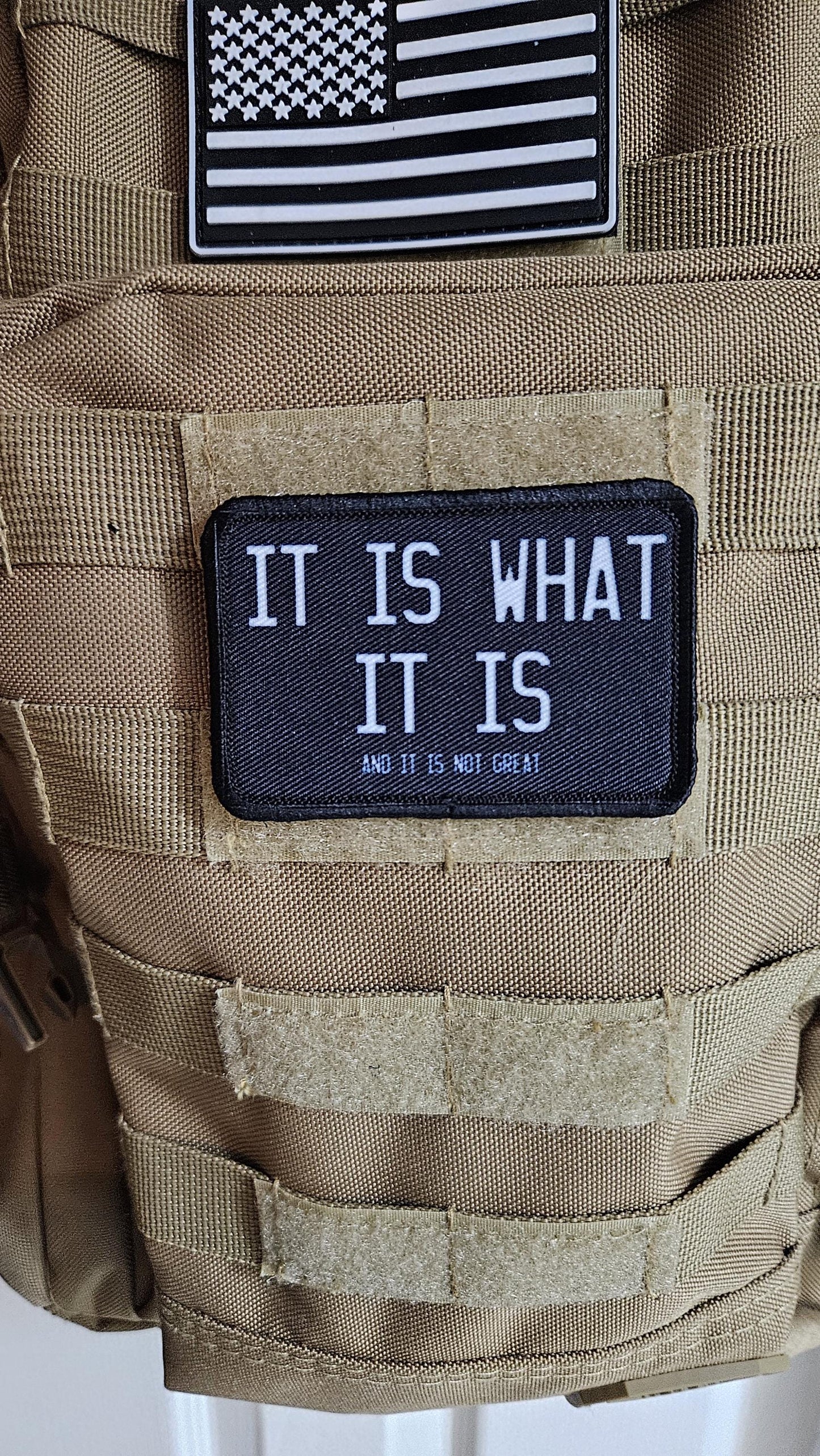 It is what it is and it is not great meme 2"x3" removable morale patch with hook and loop backing black and white