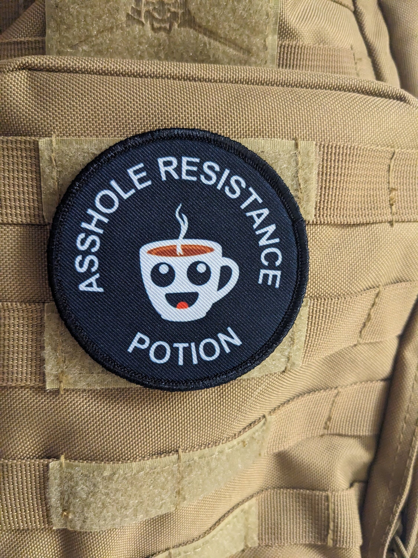 Asshole resistance potion coffee meme 3" circle removable morale patch with hook and loop backing