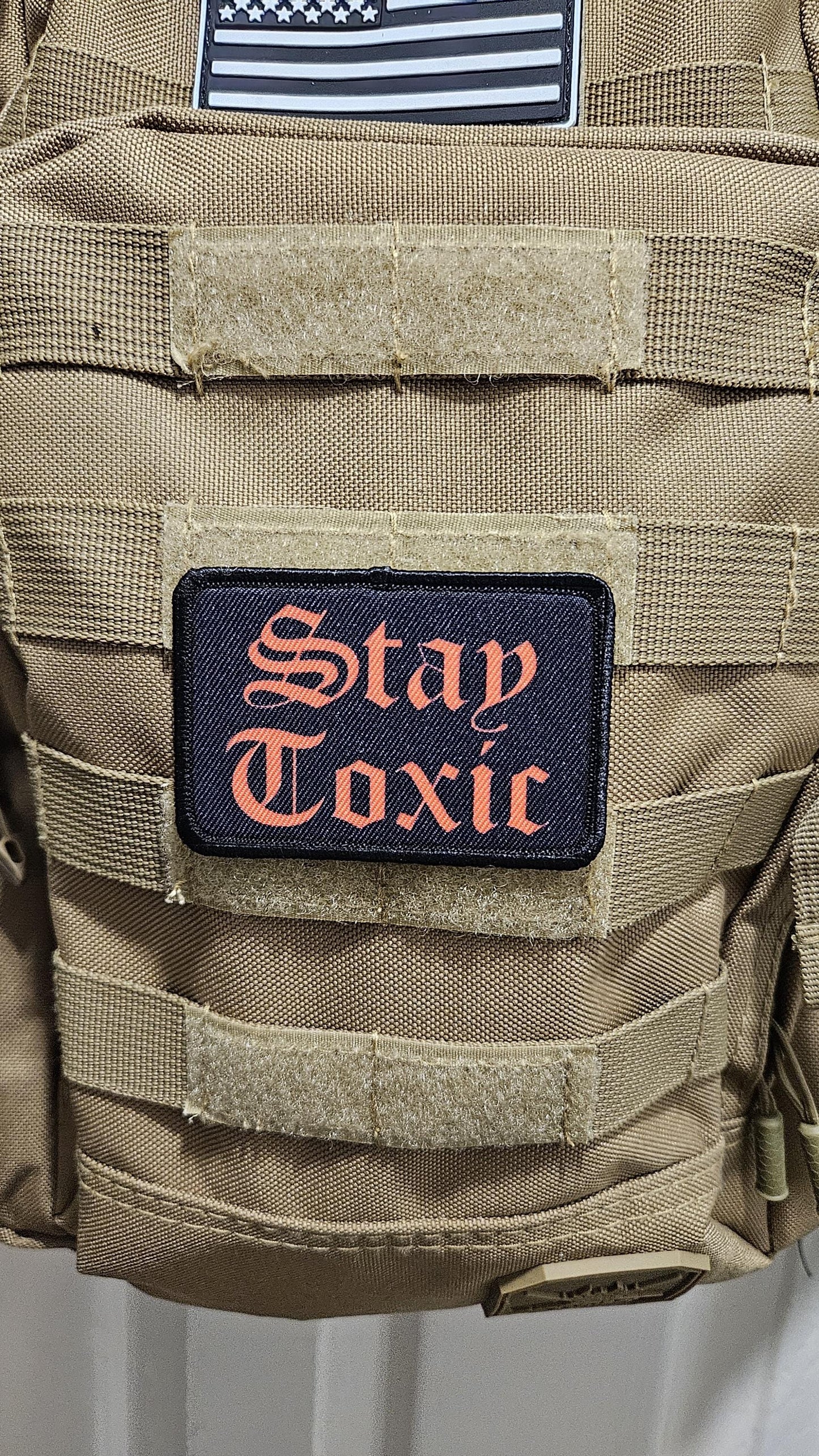Stay toxic meme red on black 2"x3" removable morale patch with hook and loop backing