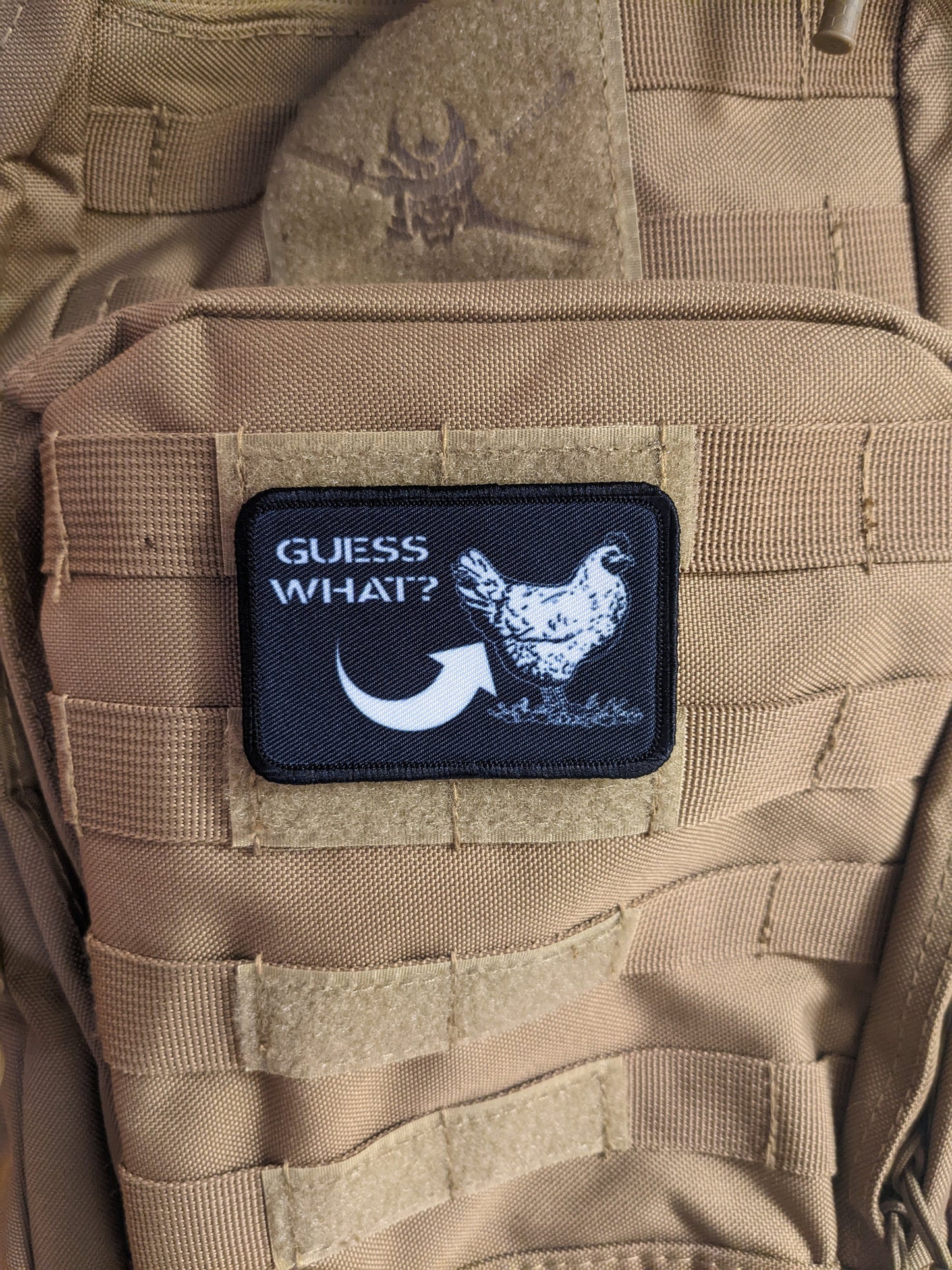 Guess what chicken butt funny 2"x3" removable morale patch with hook and loop backing