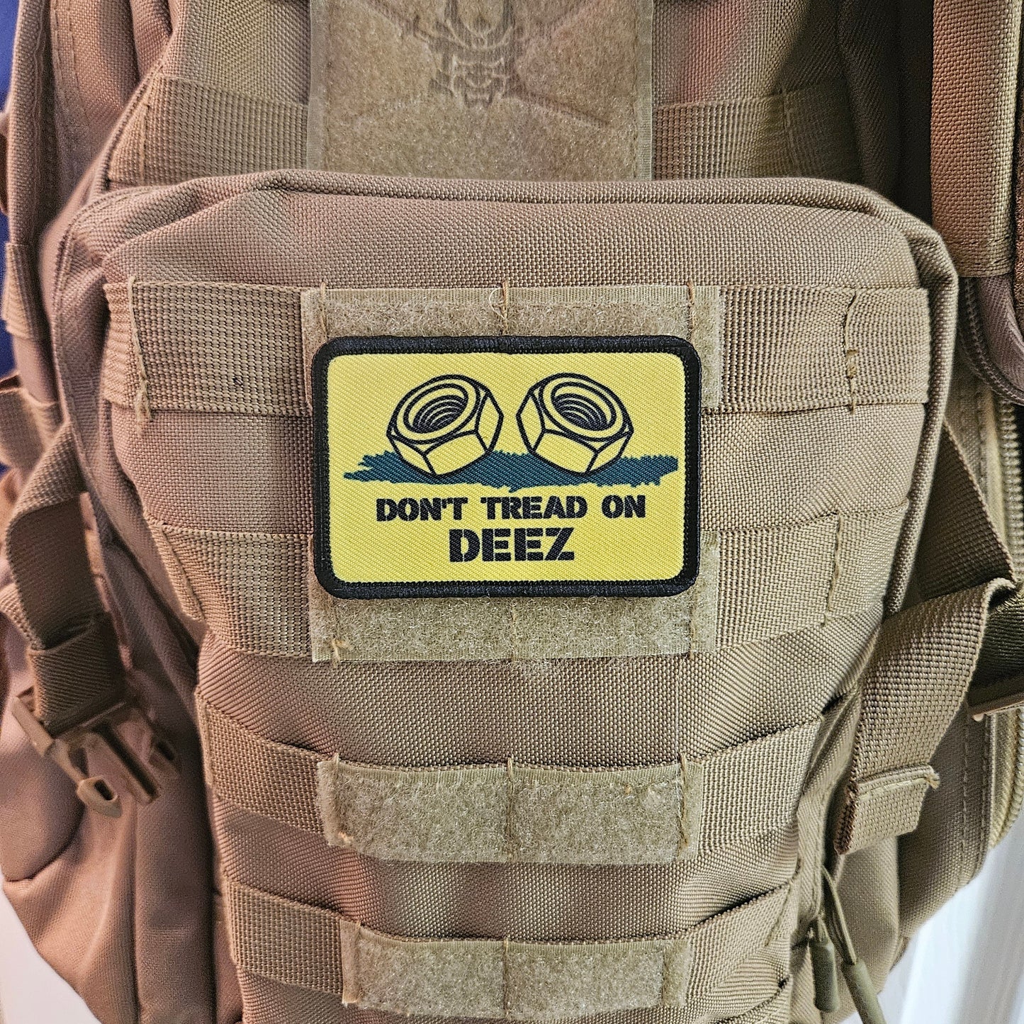 Don't tread on deez nuts and bolts Gadsden flag meme 2"x3" removable morale patch with hook and loop backing