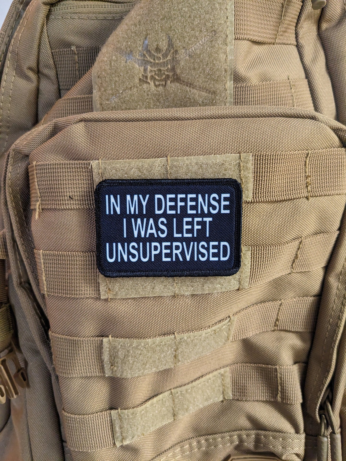 In My Defense I was left Unsupervised removable patch 2"x3" morale patch with hook and loop backing BW