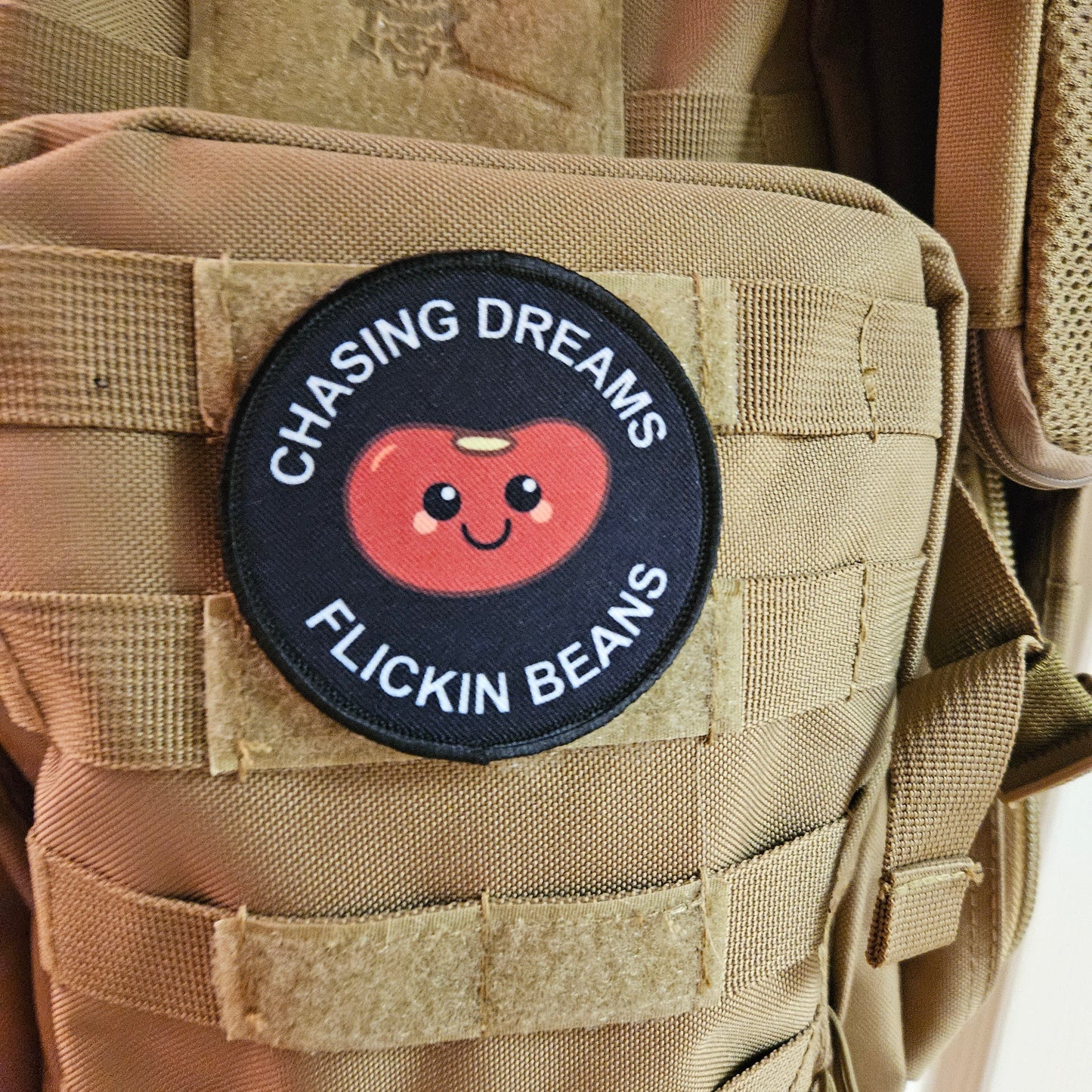 Chasing dreams flicken beans 3" circle morale patch with hook and loop backing