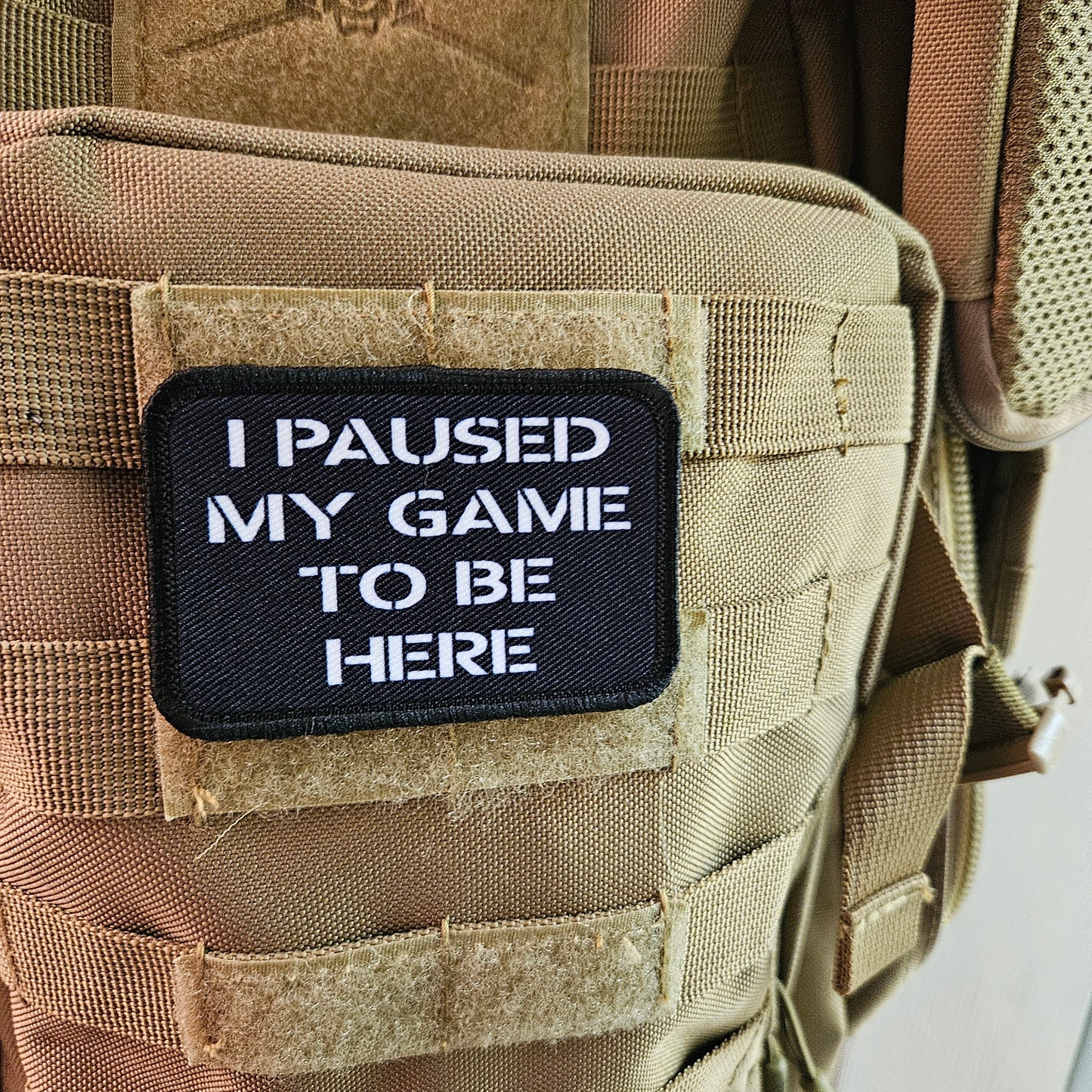 I paused my game to be here just text meme 2"x3" removable morale patch with hook and loop backing