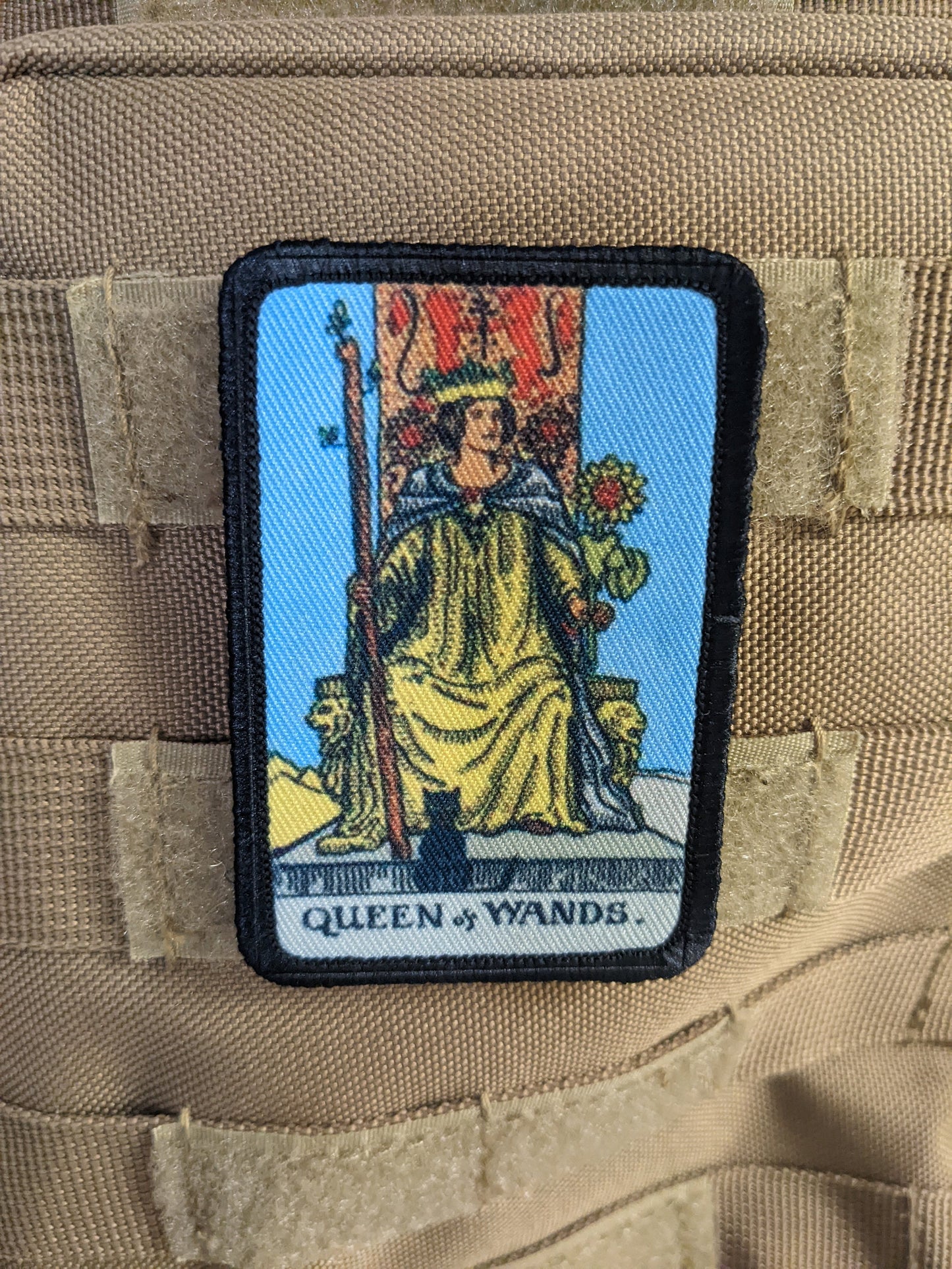 Queen of wands tarot card special forces military 2"x3" morale patch with hook and loop backing