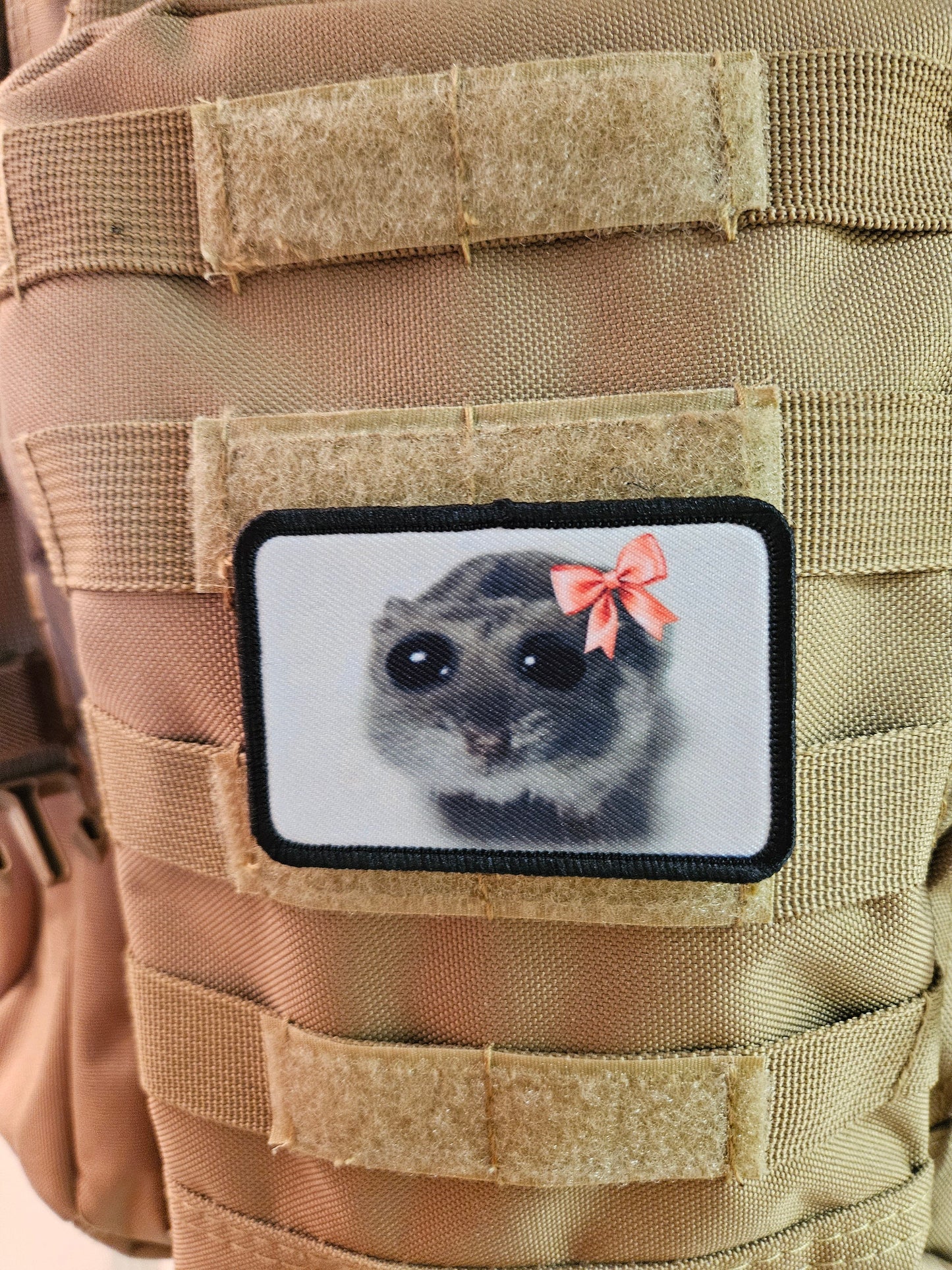 Sad hamster coquette meme 2"x3" removable morale patch with hook and loop backing