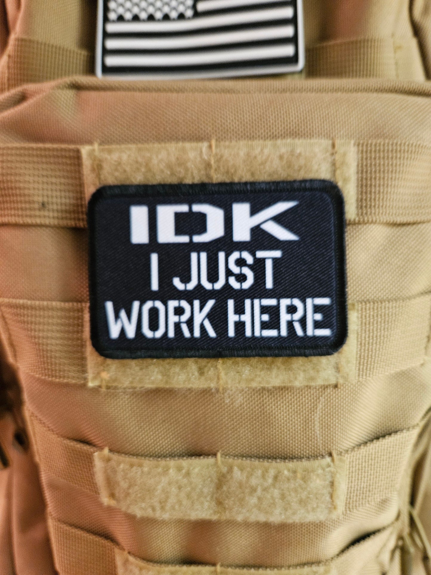 Idk I just work here funny meme edc black 2"x3" morale patch with hook and loop backing military joke meme