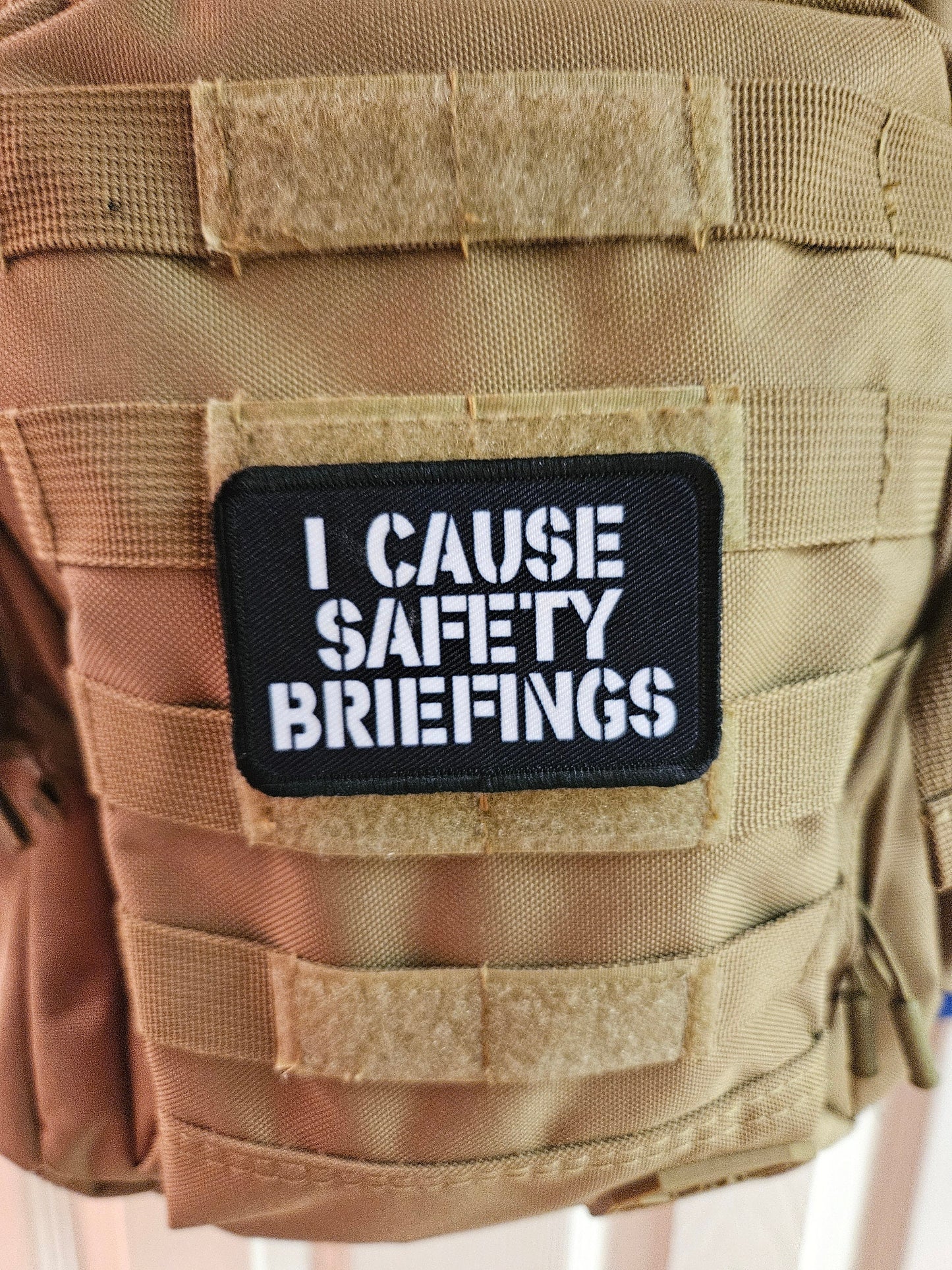 I cause safety briefings funny meme edc black 2"x3" morale patch with hook and loop backing military joke meme