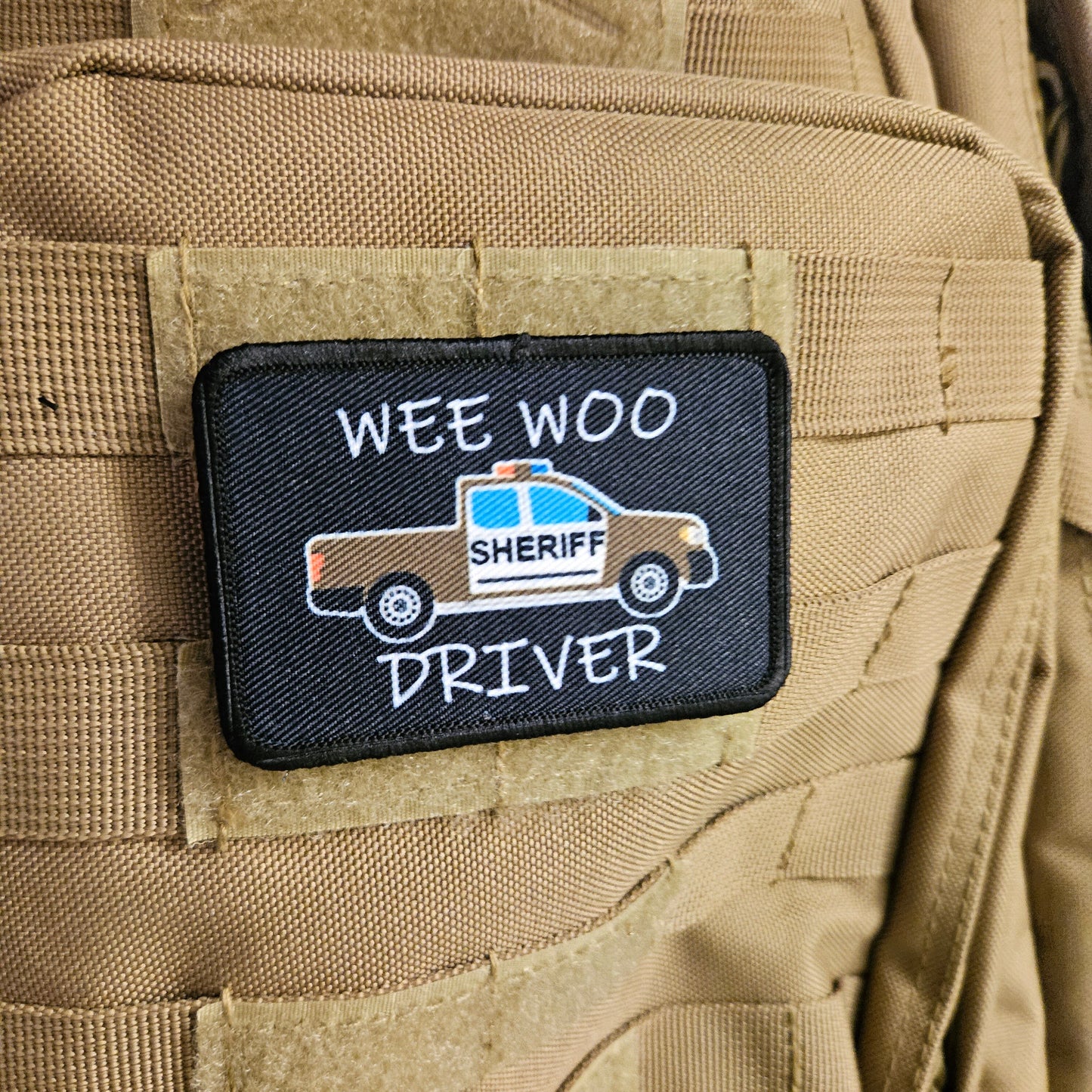 Wee woo driver sheriff pick-up brown version driver funny 2"x3" removable morale patch with hook and loop backing