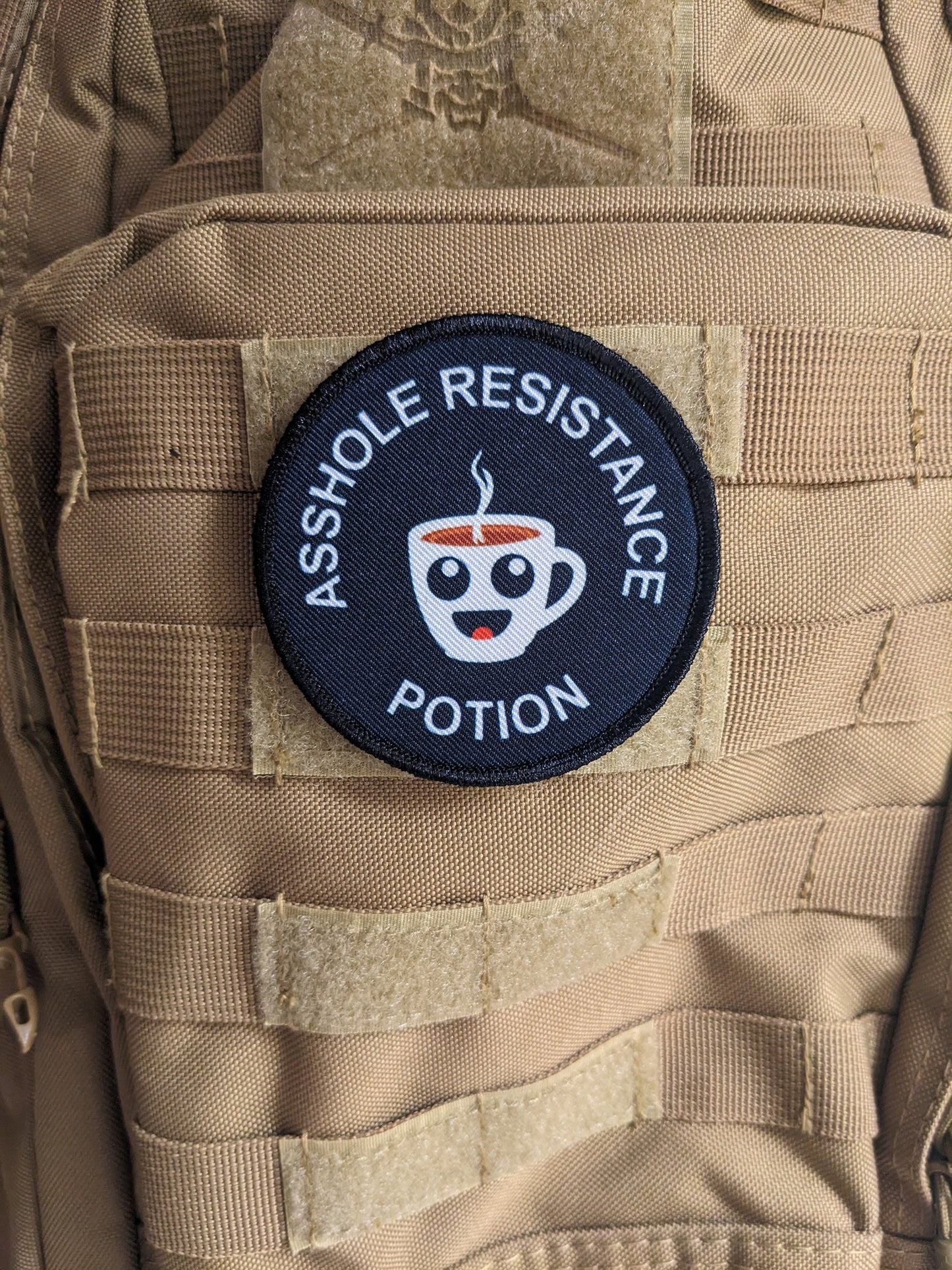 Asshole resistance potion coffee meme 3" circle removable morale patch with hook and loop backing