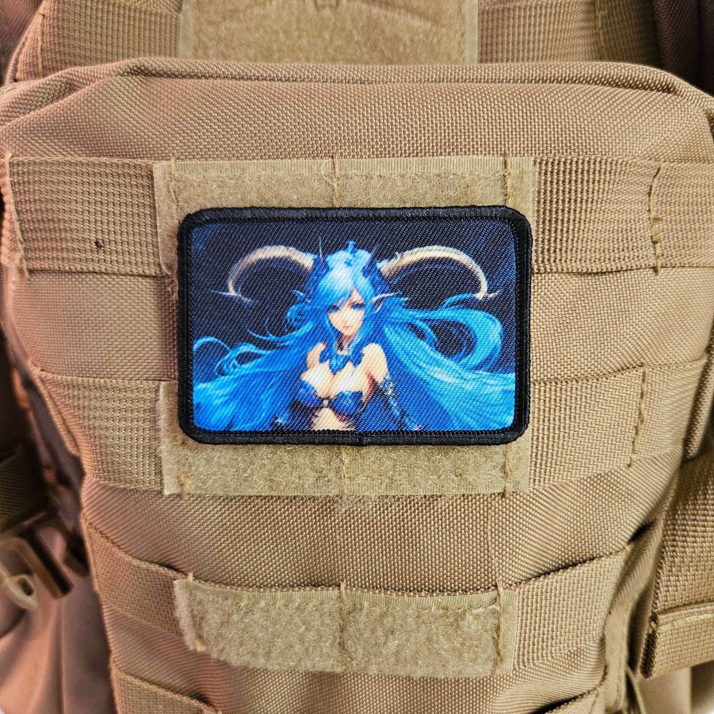 Blue haired succubus waifu Sexy Anime girl cleavage bikini 2"x3" removable morale patch with hook and loop backing