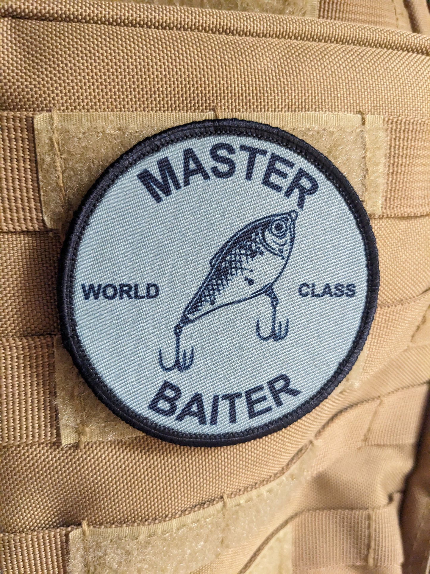 Master baiter fishing joke meme 3" circle removable morale patch with hook and loop backing