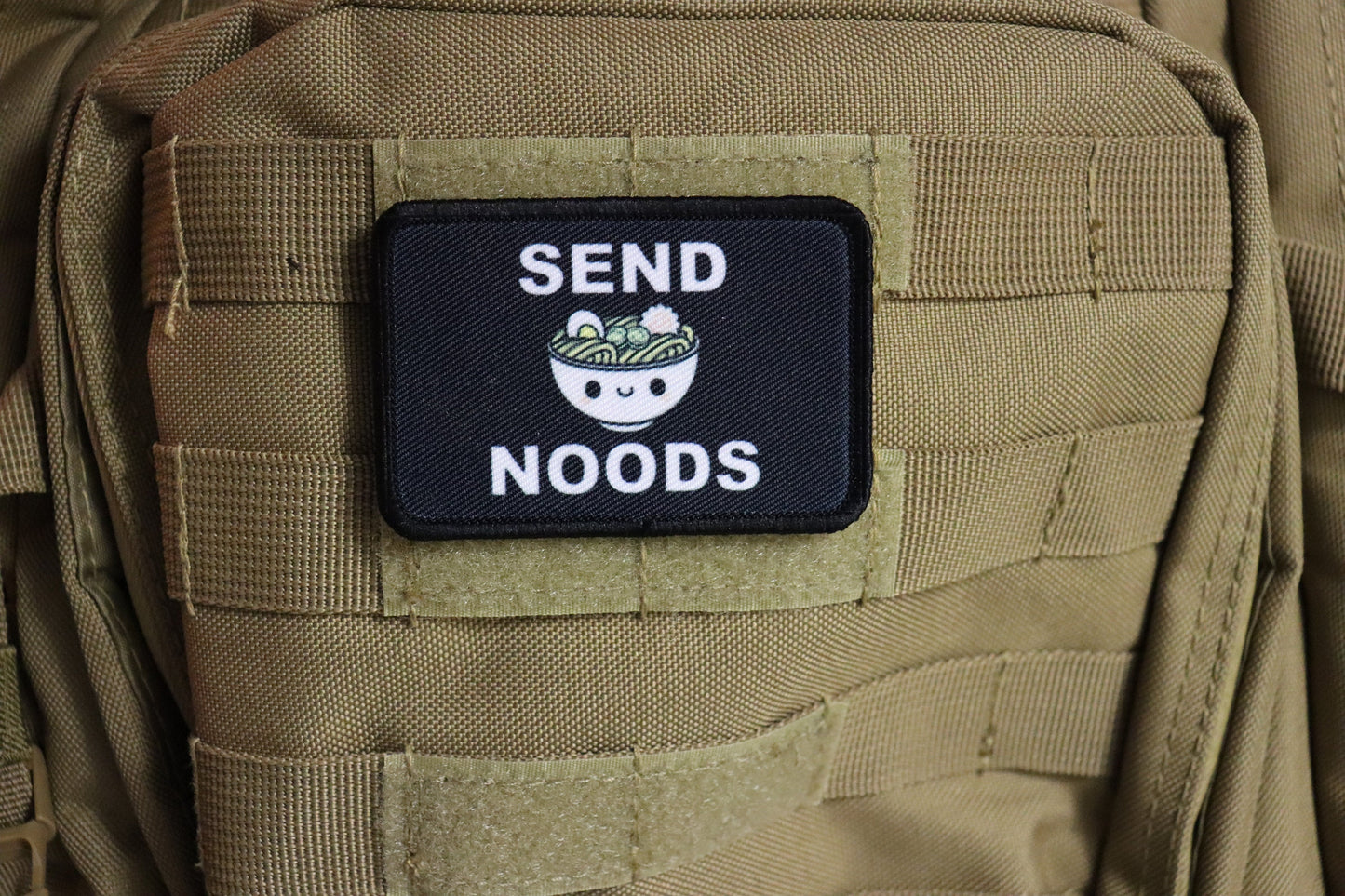 send noods ramen noodle meme cute 2"x3" morale patch with hook and loop backing