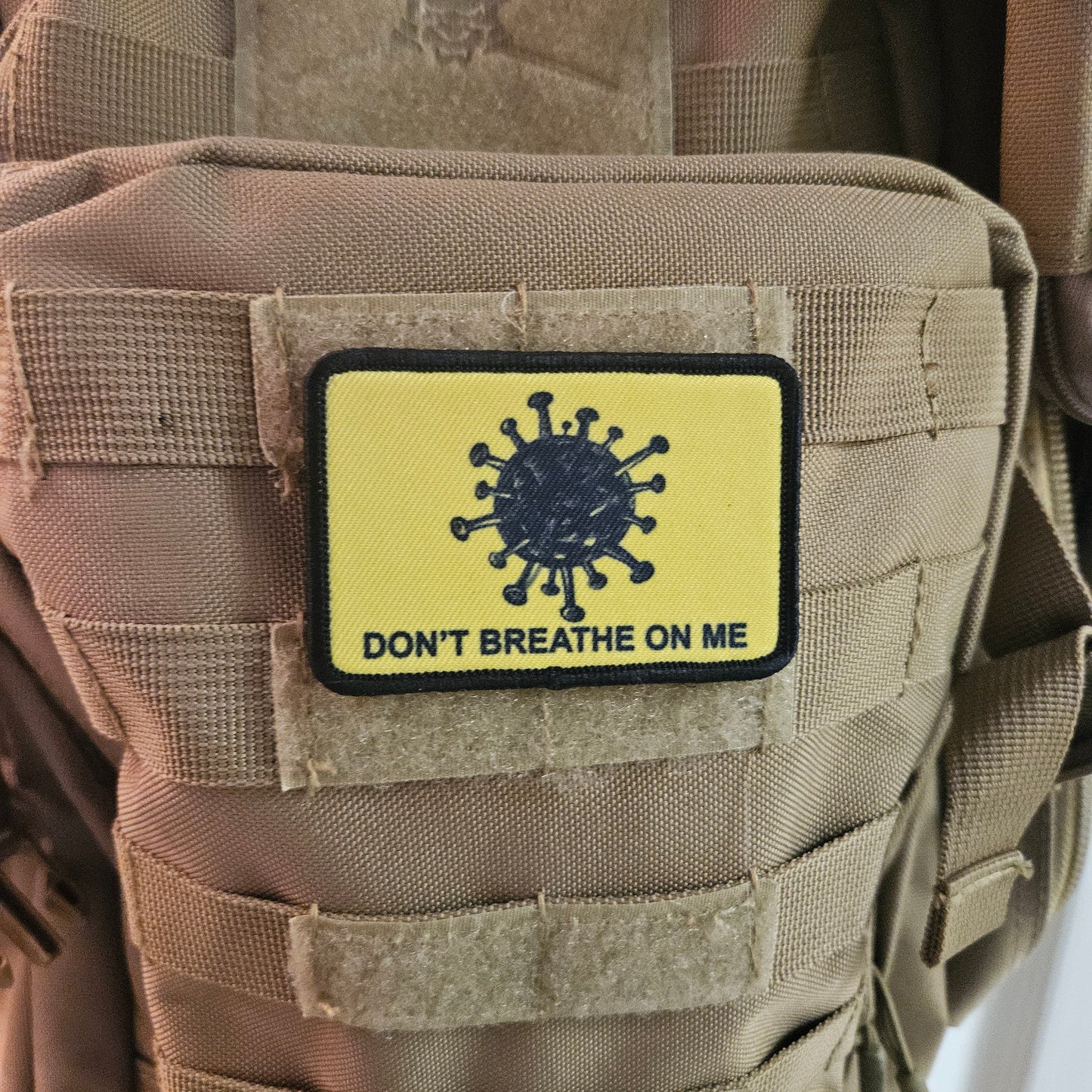 Don't breathe on me Gadsden flag meme 2"x3" removable morale patch with hook and loop backing