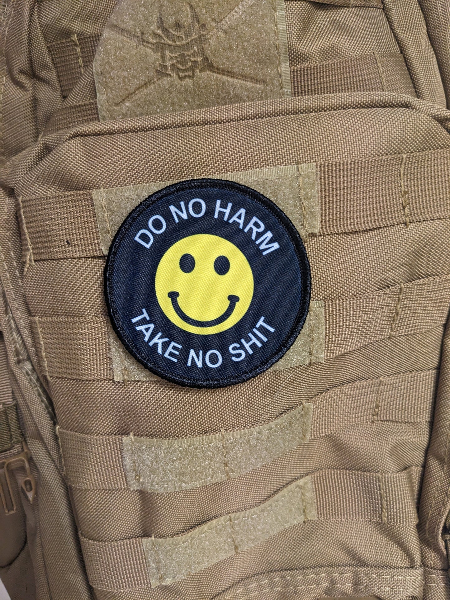 Do no harm take no shit smile meme 3" circle removable morale patch with hook and loop backing