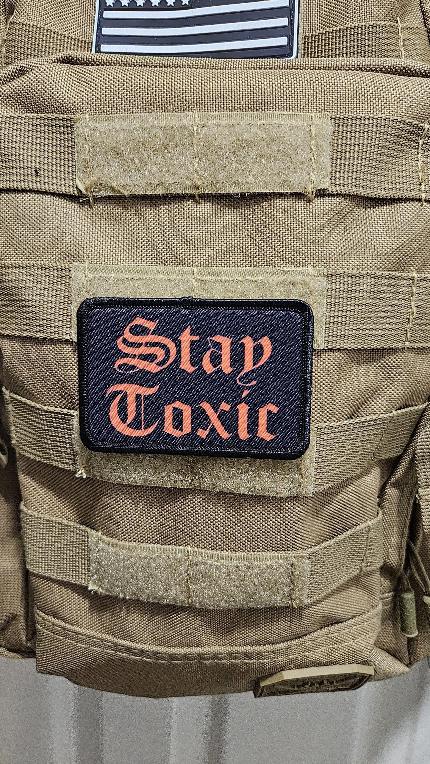 Stay toxic meme red on black 2"x3" removable morale patch with hook and loop backing