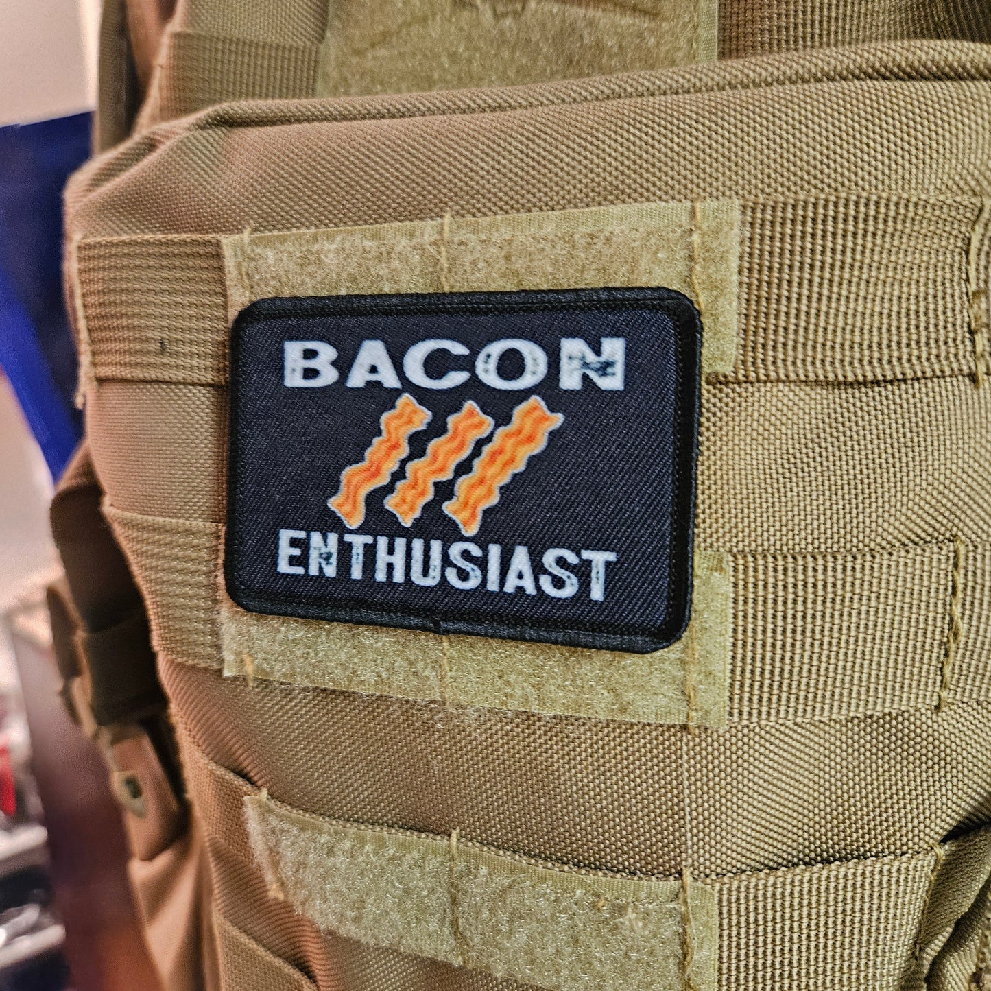 Bacon enthusiast funny meme 2"x3" removable morale patch with hook and loop backing