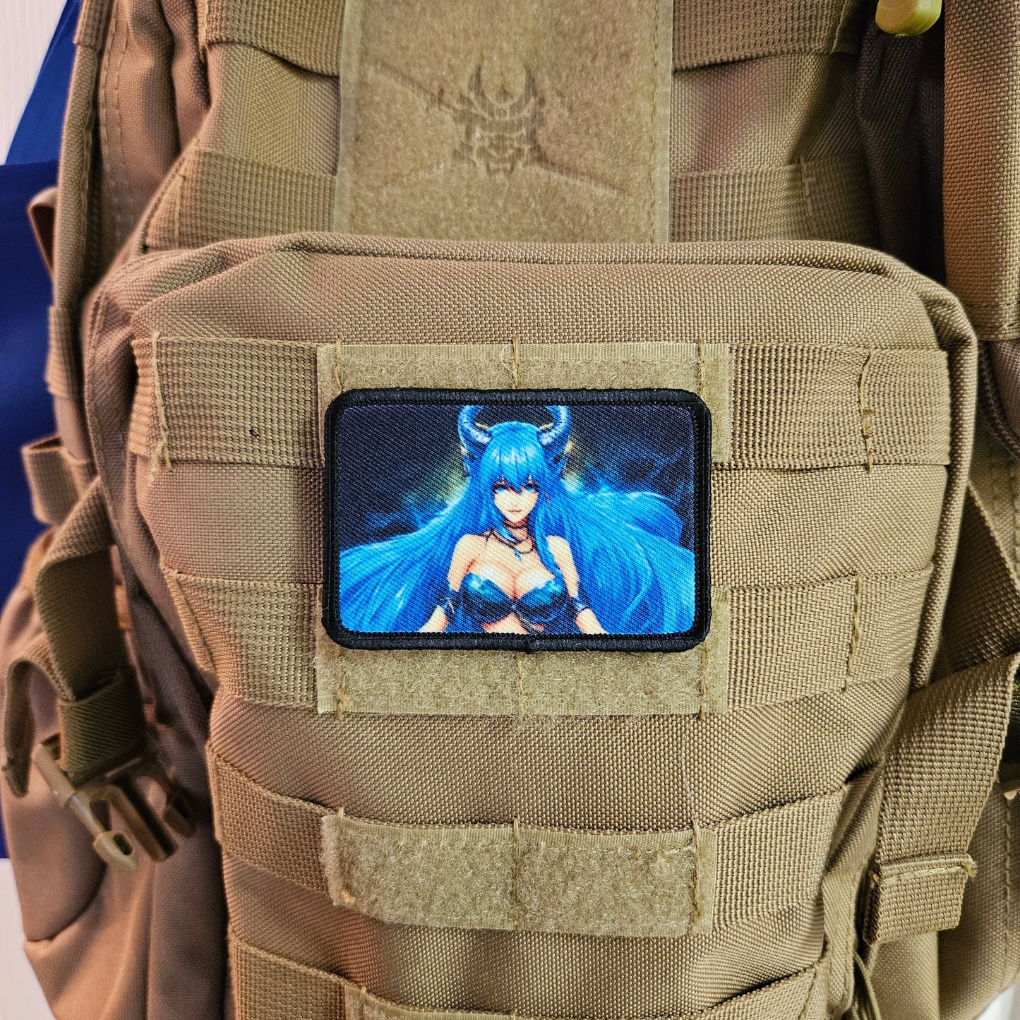 Blue haired succubus waifu 2 Sexy Anime girl cleavage bikini 2"x3" removable morale patch with hook and loop backing
