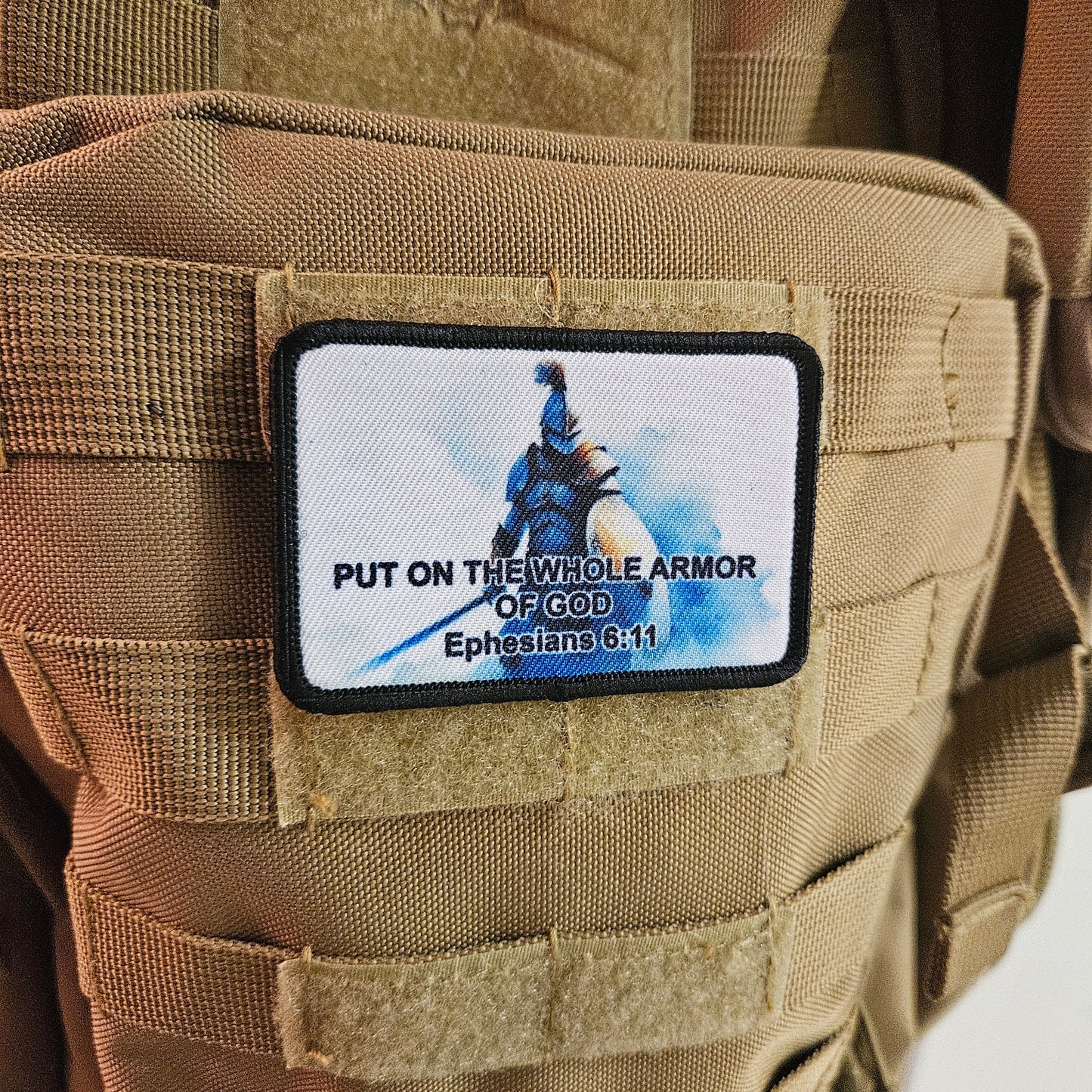 Put on the whole armor of God Ephesians bible verse 2"x3" morale patch with hook and loop backing
