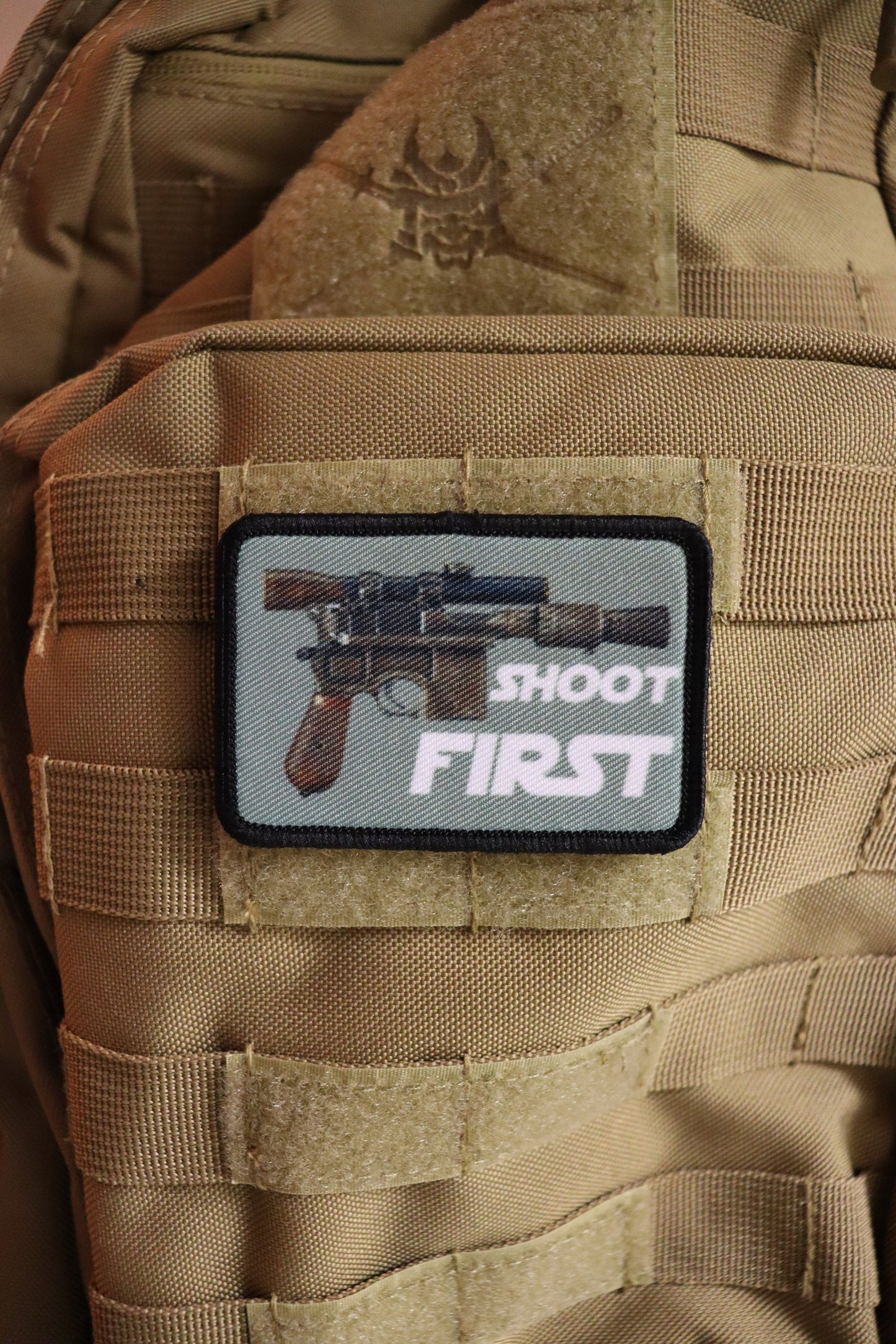 Shoot first sci fi blaster 2"x3" morale patch with hook and loop backing
