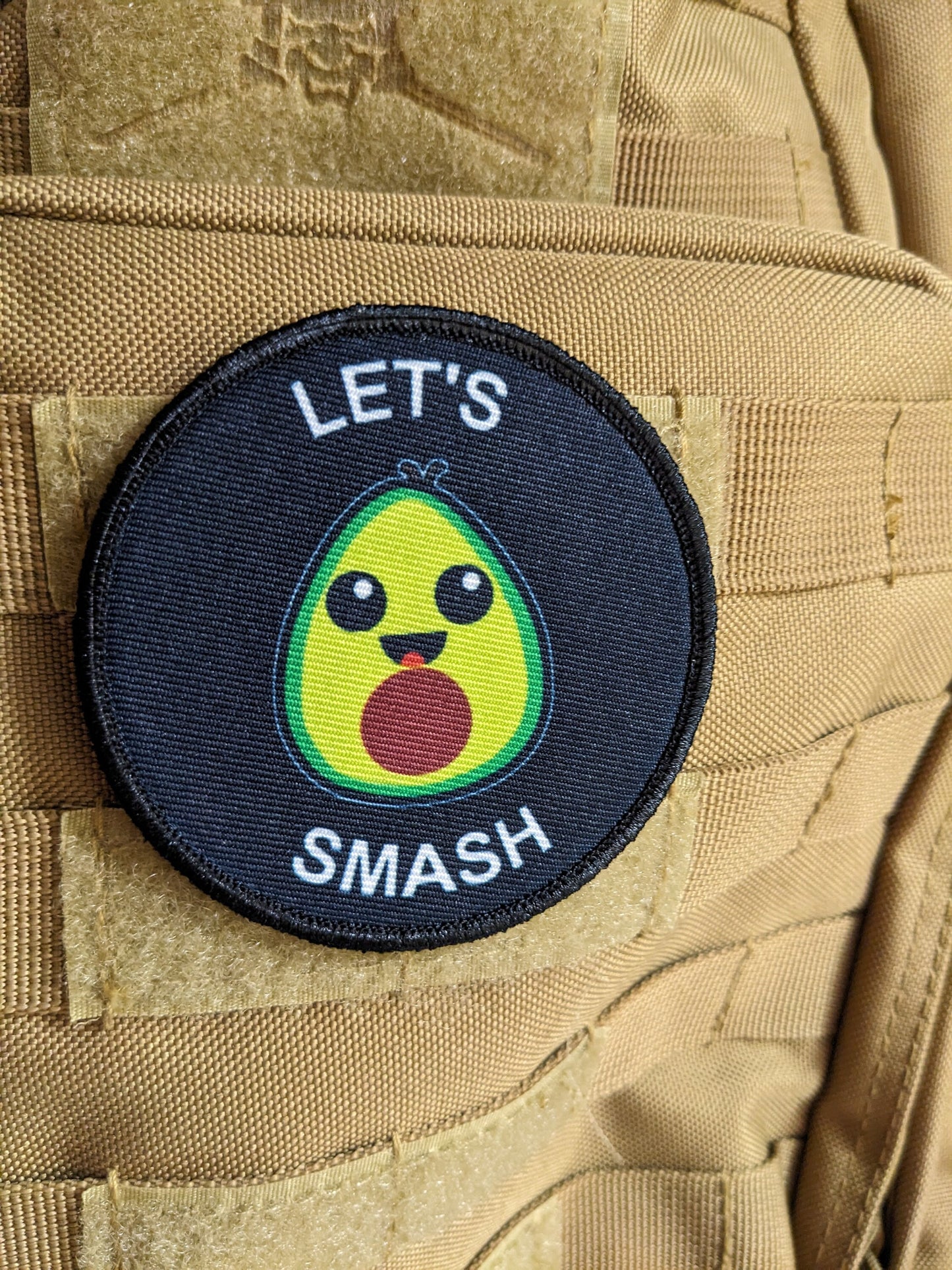 Cute avocado guacamole let's smash meme 3" circle removable morale patch with hook and loop backing