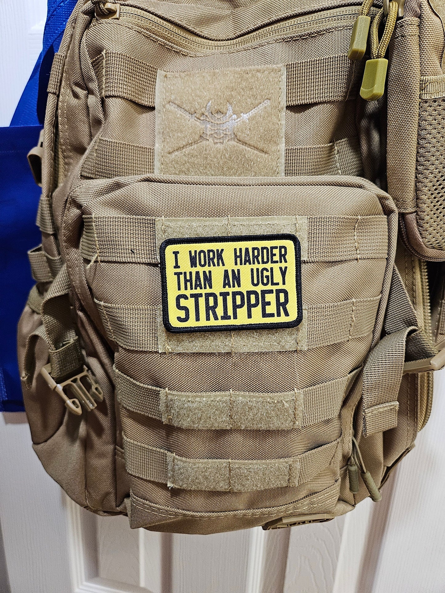 I work harder than an ugly stripper 2"x3" removable morale patch with hook and loop backing