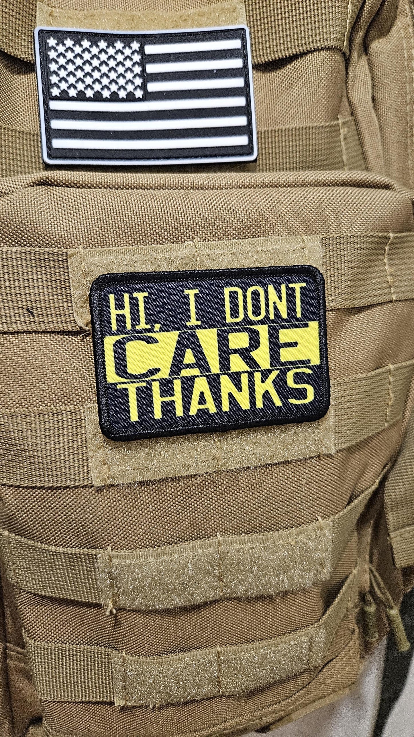 I don't care thanks meme sarcastic removable patch 2"x3" morale patch with hook and loop backing