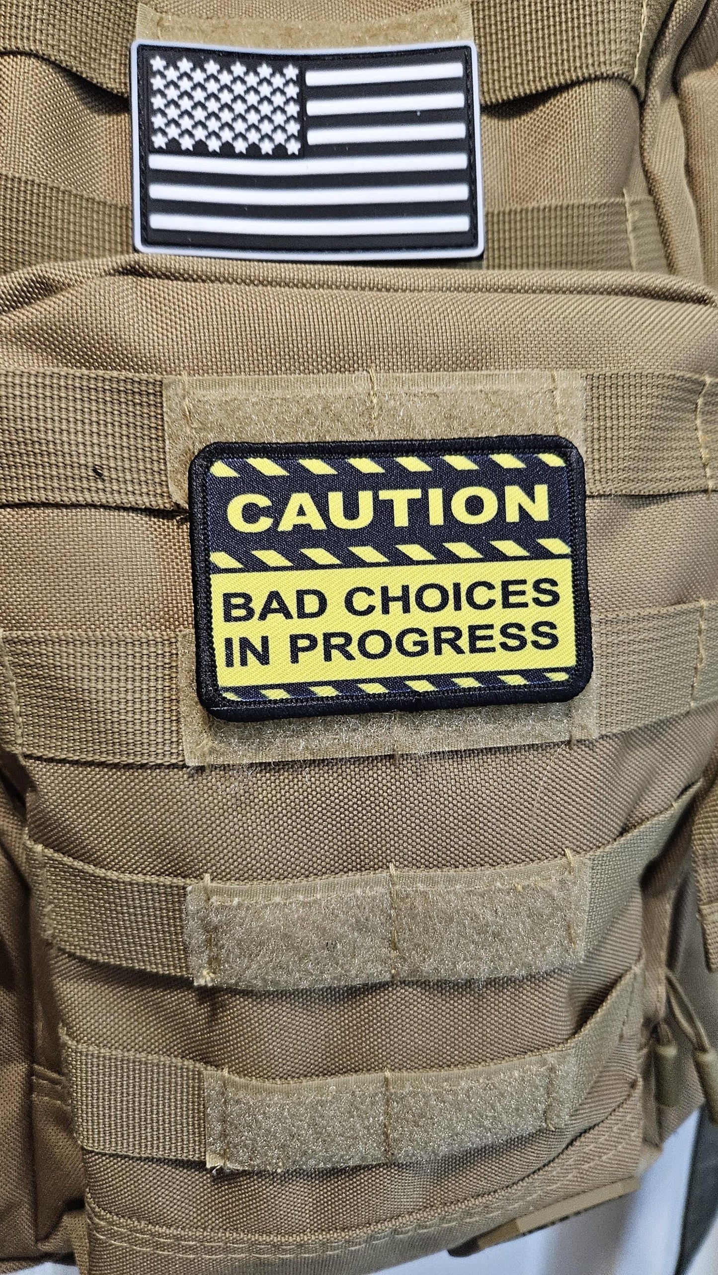 Caution bad choices in progress meme 2"x3" removable morale patch with hook and loop backing