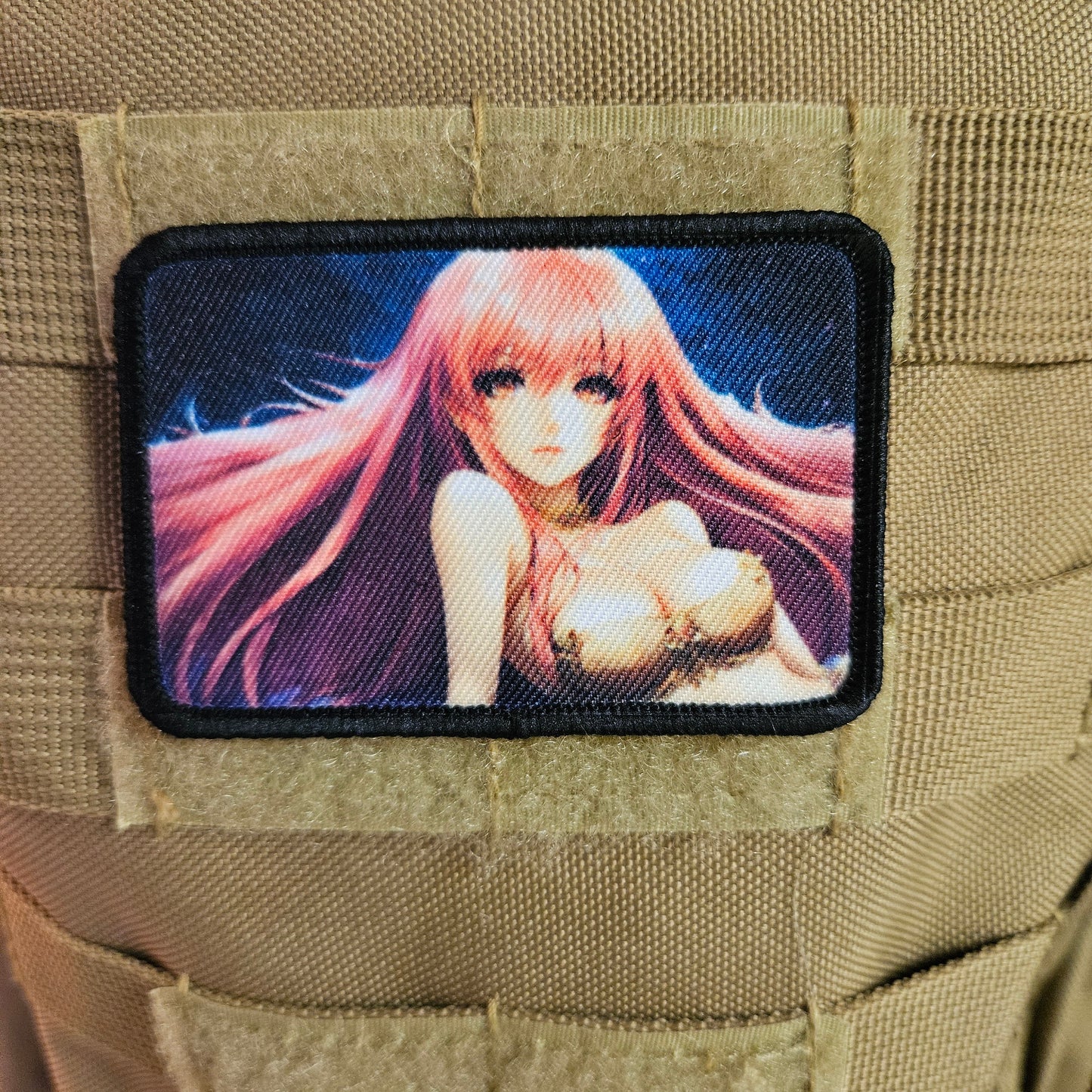Long Pink hair waifu Sexy Anime girl cleavage bikini 2"x3" removable morale patch with hook and loop backing