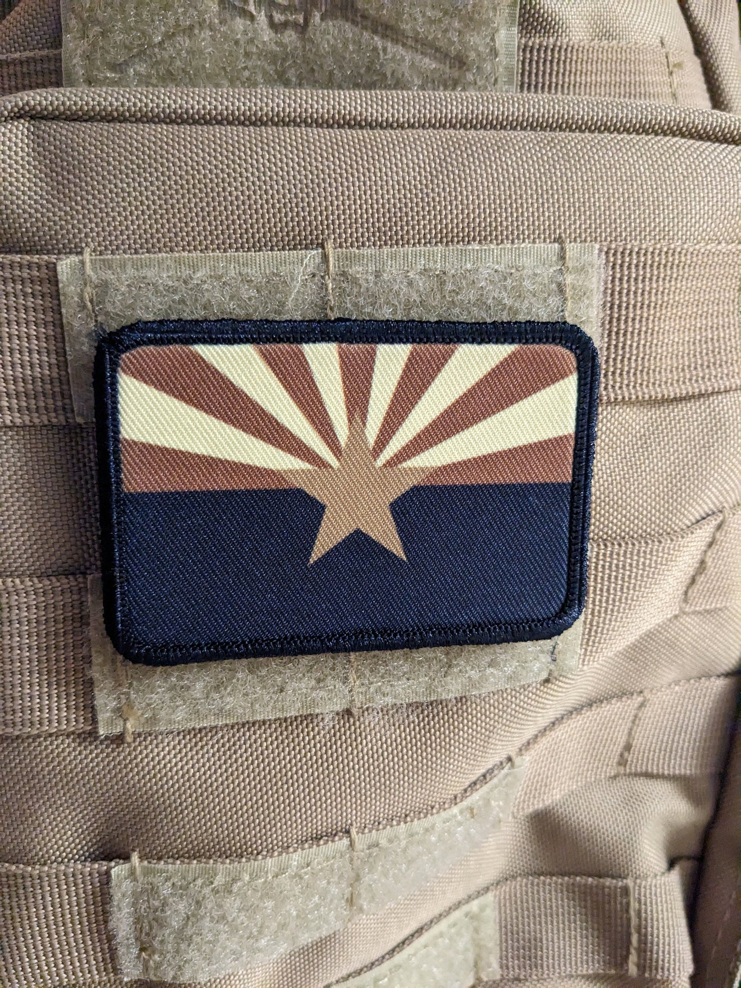 Subdued tan and brown Arizona state flag removable patch 2"x3" morale patch with hook and loop backing
