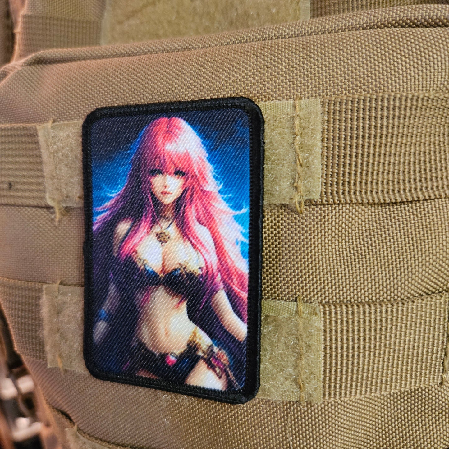 Pink hair waifu Sexy Anime girl cleavage bikini 2"x3" removable morale patch with hook and loop backing