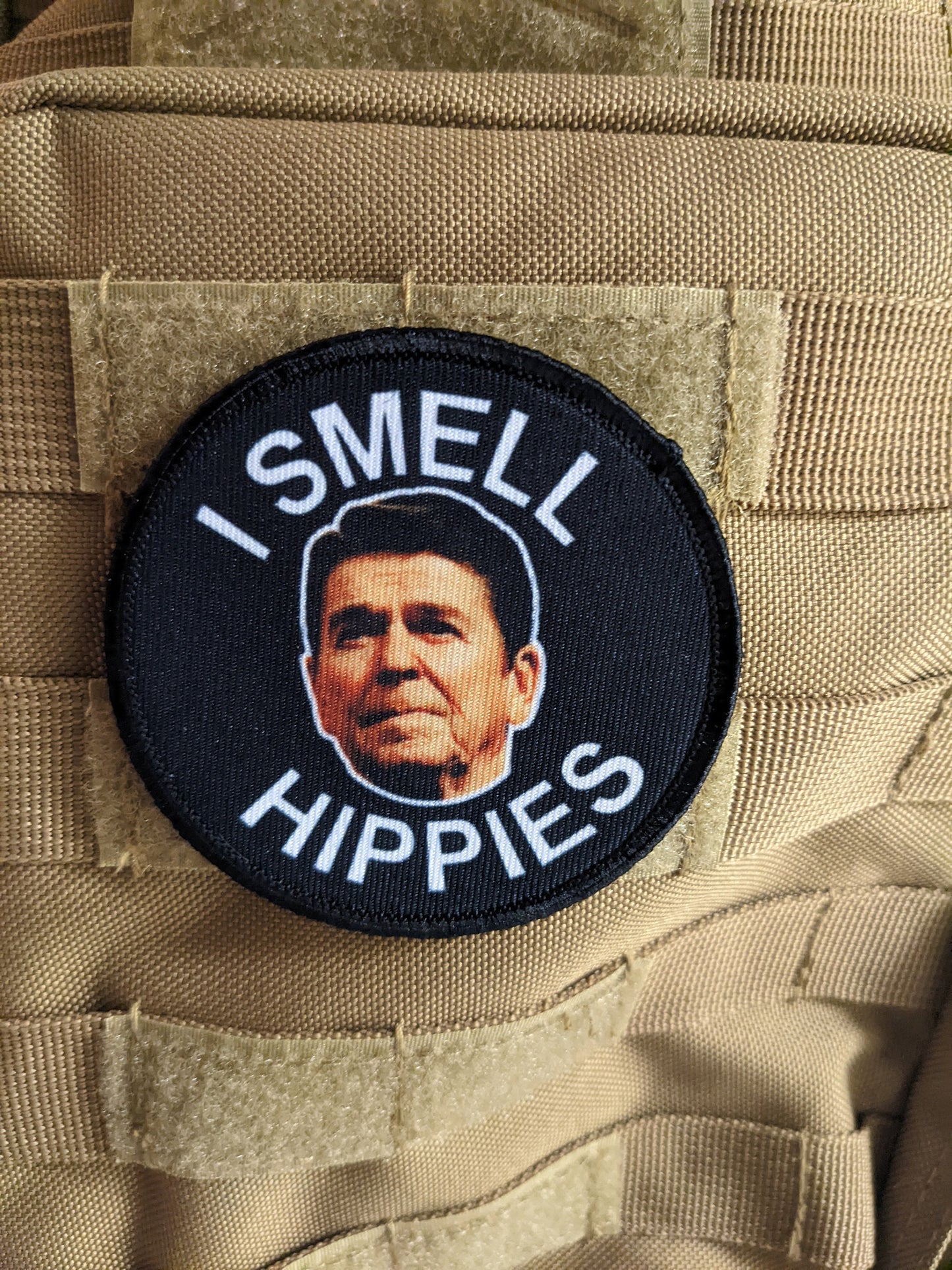 I smell Hippies Ronald Reagan meme 3" circle morale patch with hook and loop backing
