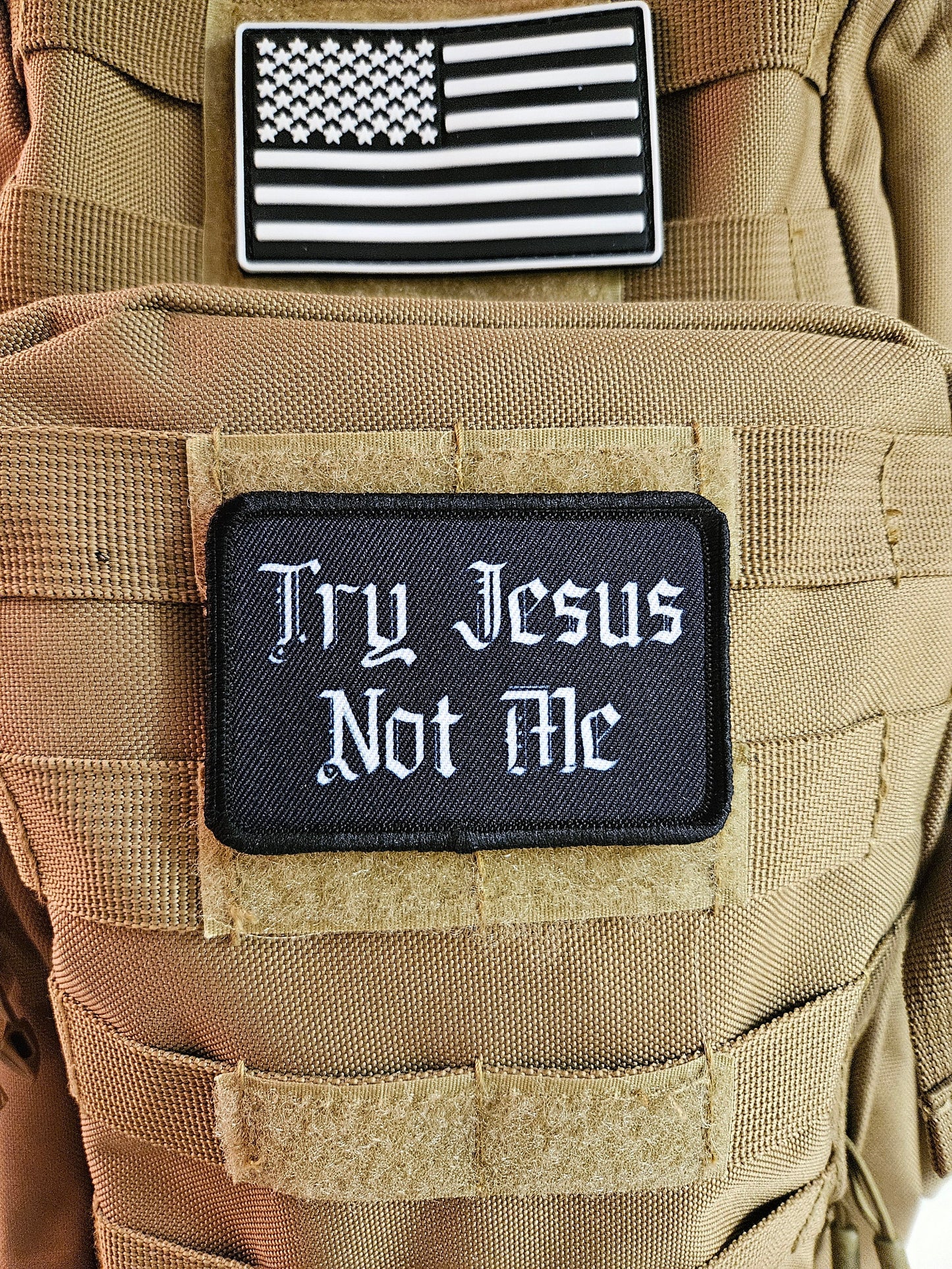 Try Jesus not me meme 2"x3" removable morale patch with hook and loop backing