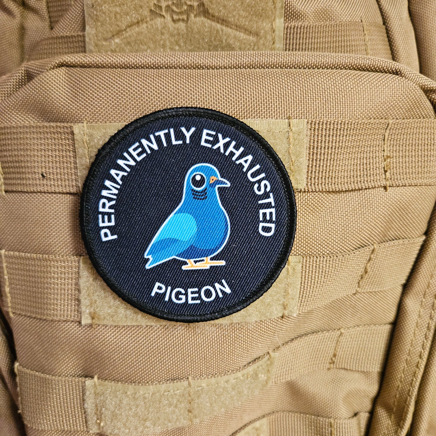 Permanently exhausted pigeon. 3" circle morale patch with hook and loop backing