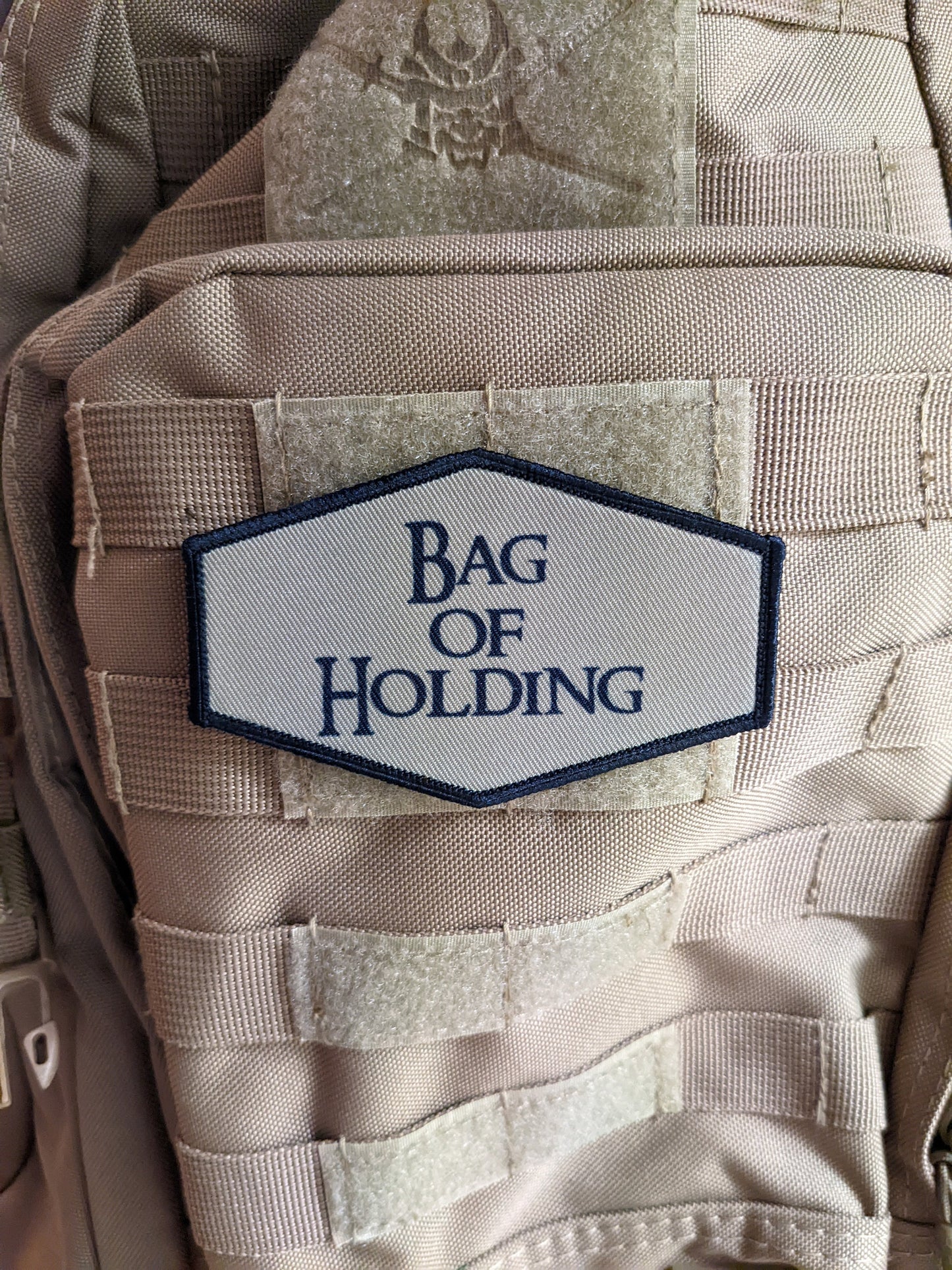 bag of holding dnd dungeons and dragon meme 4"x2.5" hexagon morale patch with hook and loop backing