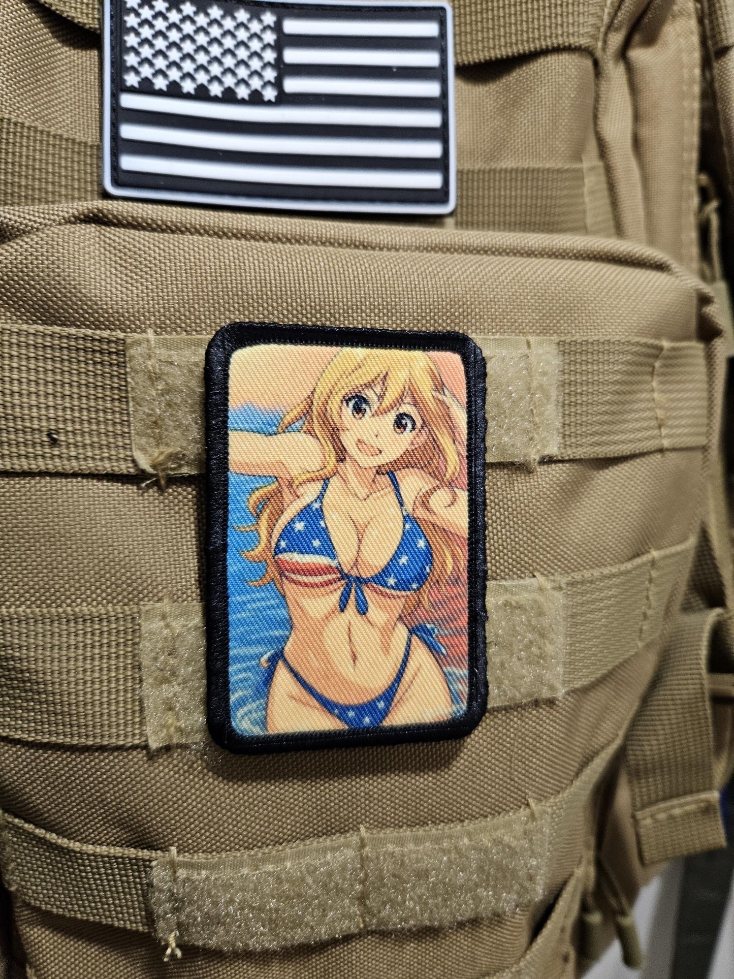 Sexy Anime girl cleavage american flag bikini waifu 2"x3" removable morale patch with hook and loop backing