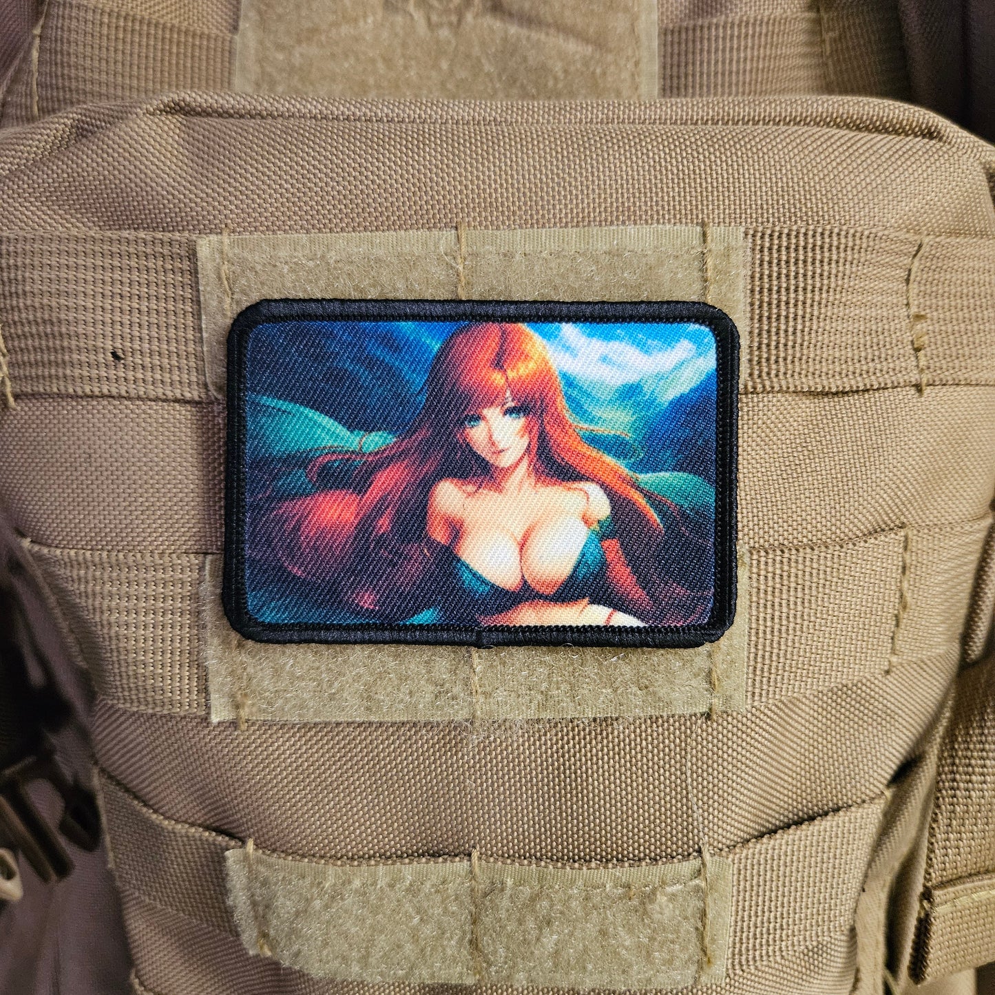 Redhead waifu Sexy Anime girl cleavage bikini 2"x3" removable morale patch with hook and loop backing