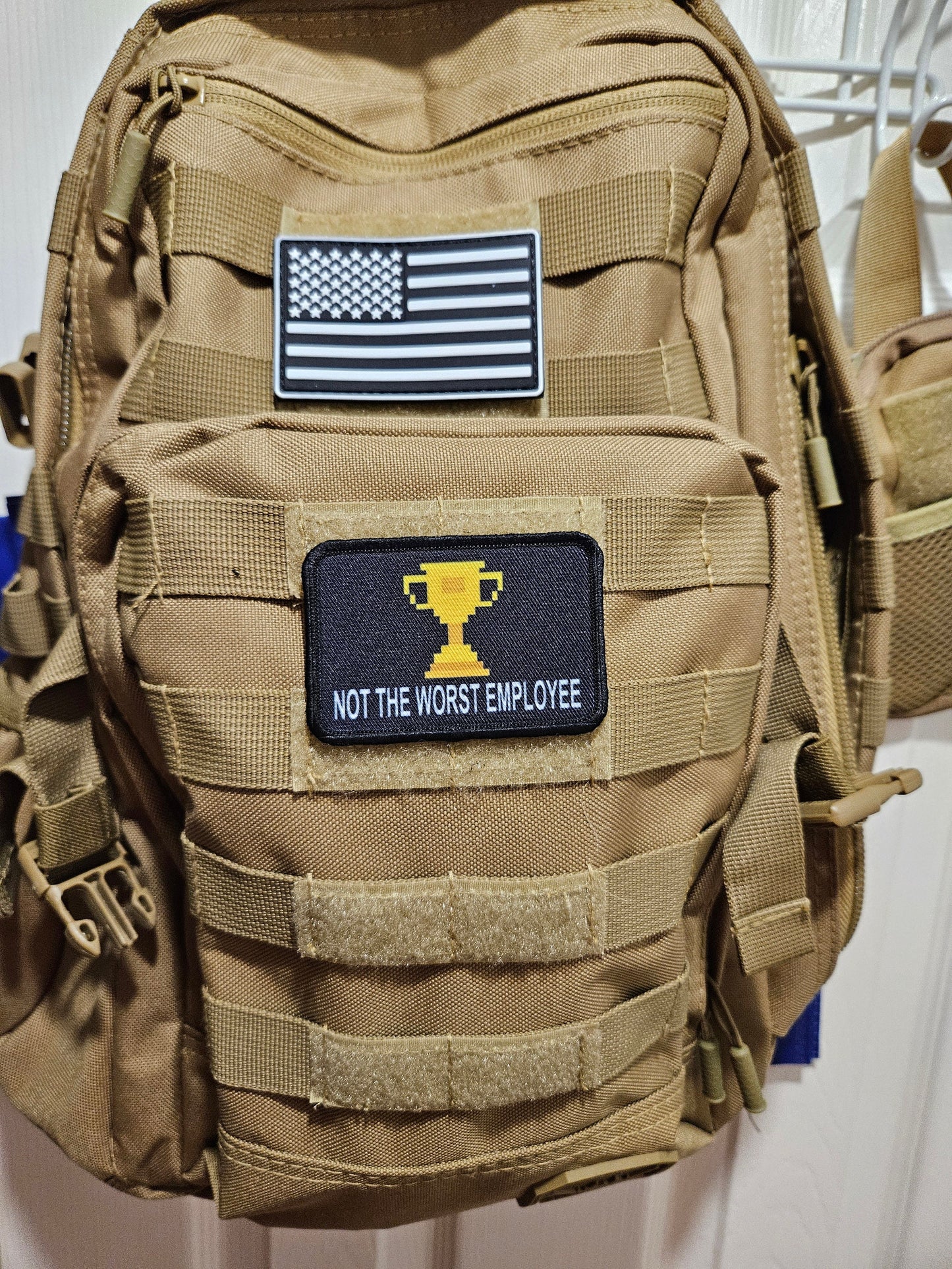 Not the worst employee trophy patch 2"x3" morale patch with hook and loop backing tan