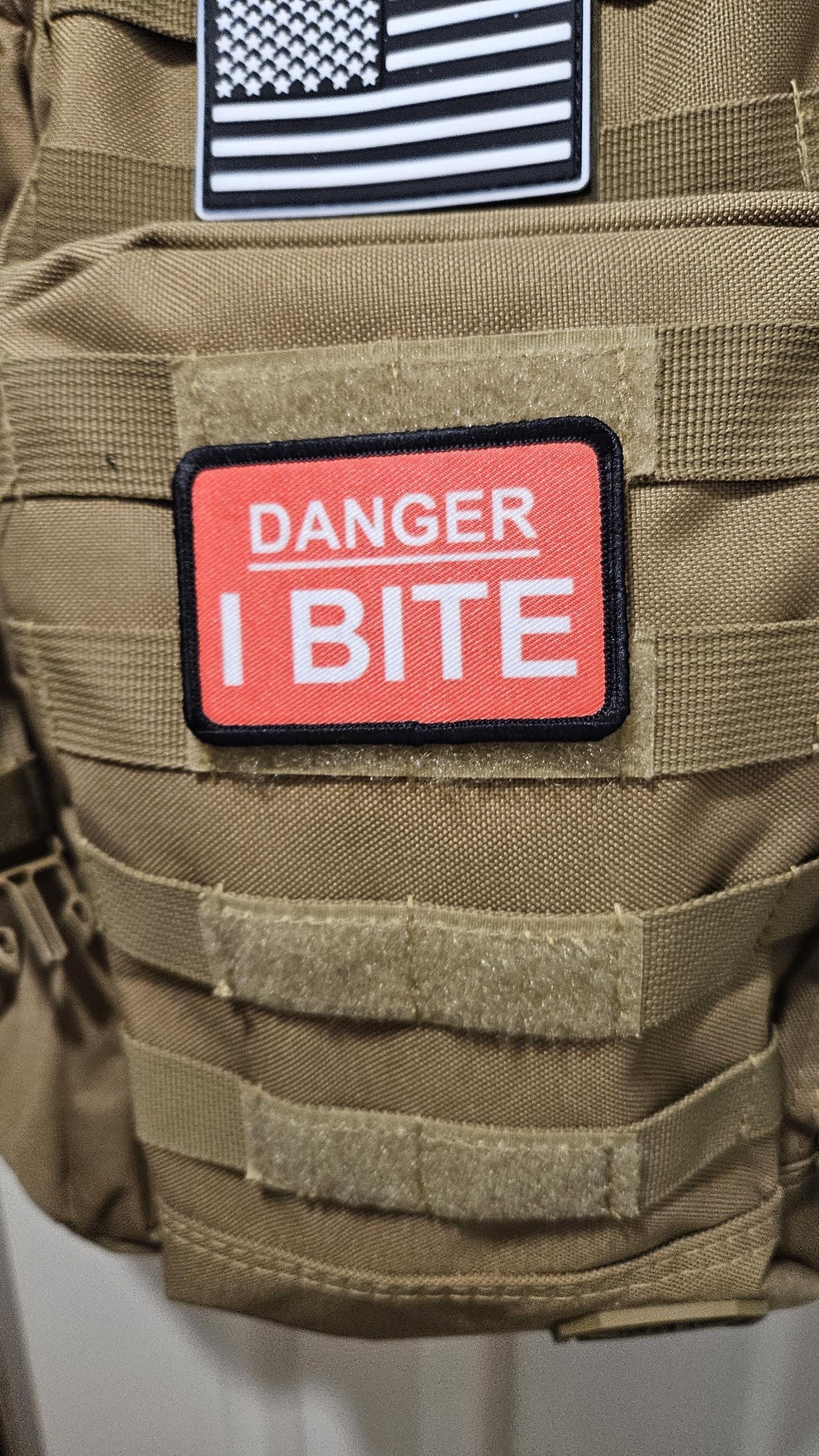 Danger I bite dog vest patch 2"x3" removable morale patch with hook and loop backing