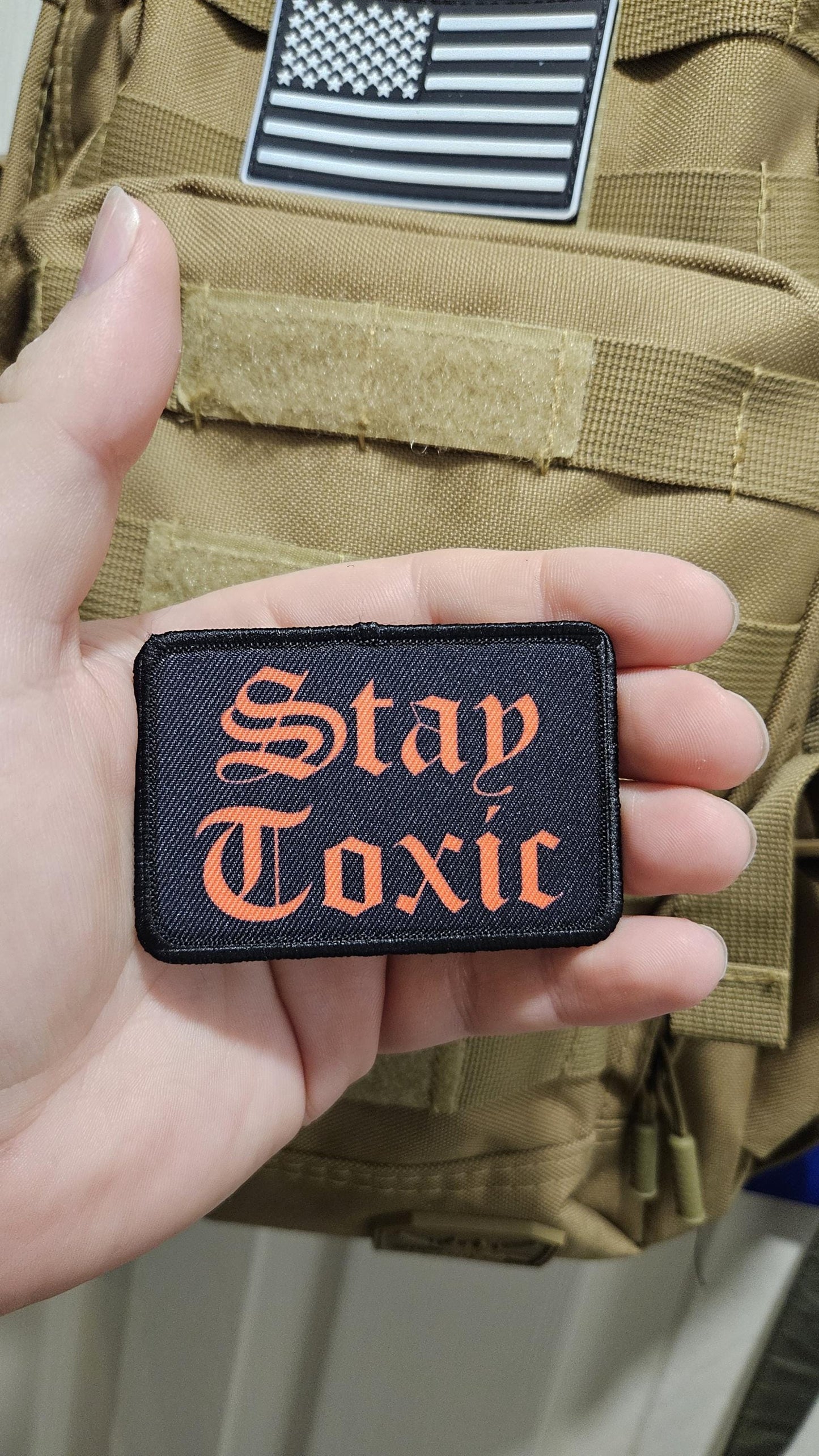 Stay toxic meme red on black 2"x3" removable morale patch with hook and loop backing