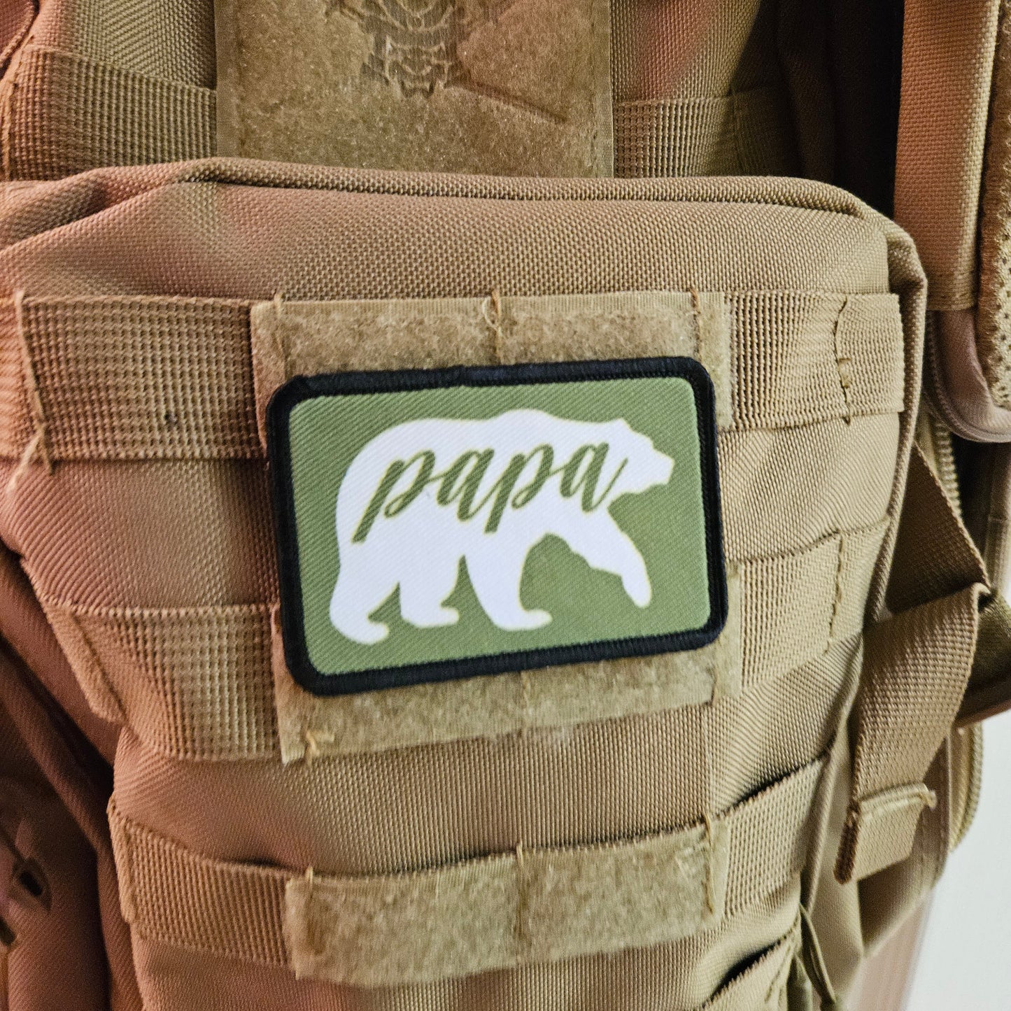 Green Papa Bear boy dad girl dad 2"x3" white morale patch with hook and loop backing