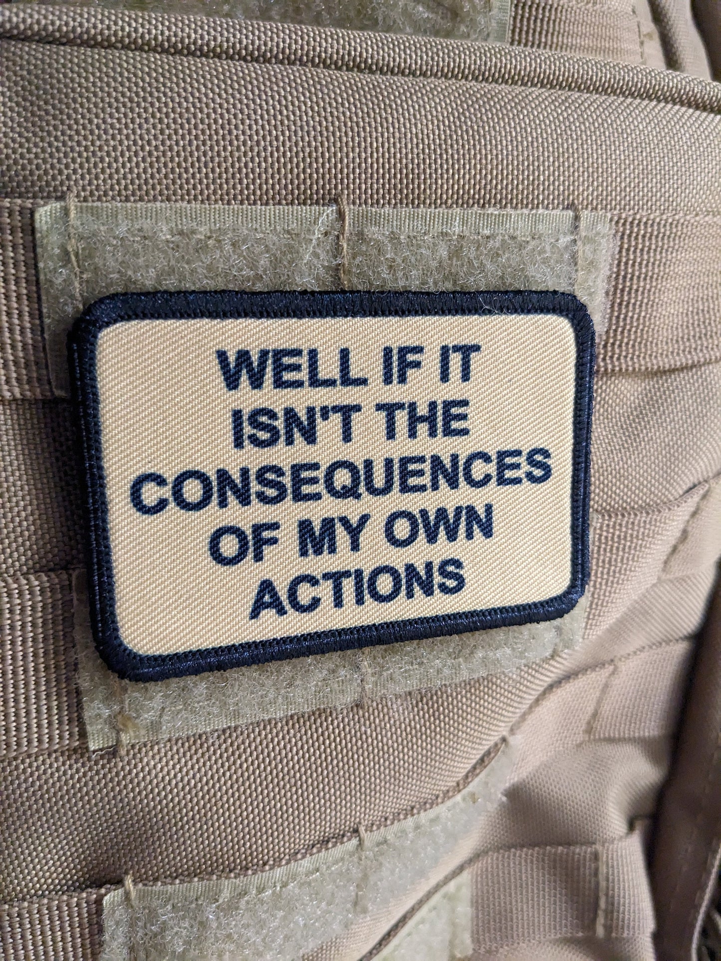 Well if it isn't the consequences of my own actions meme 2"x3" morale patch with hook and loop backing tan