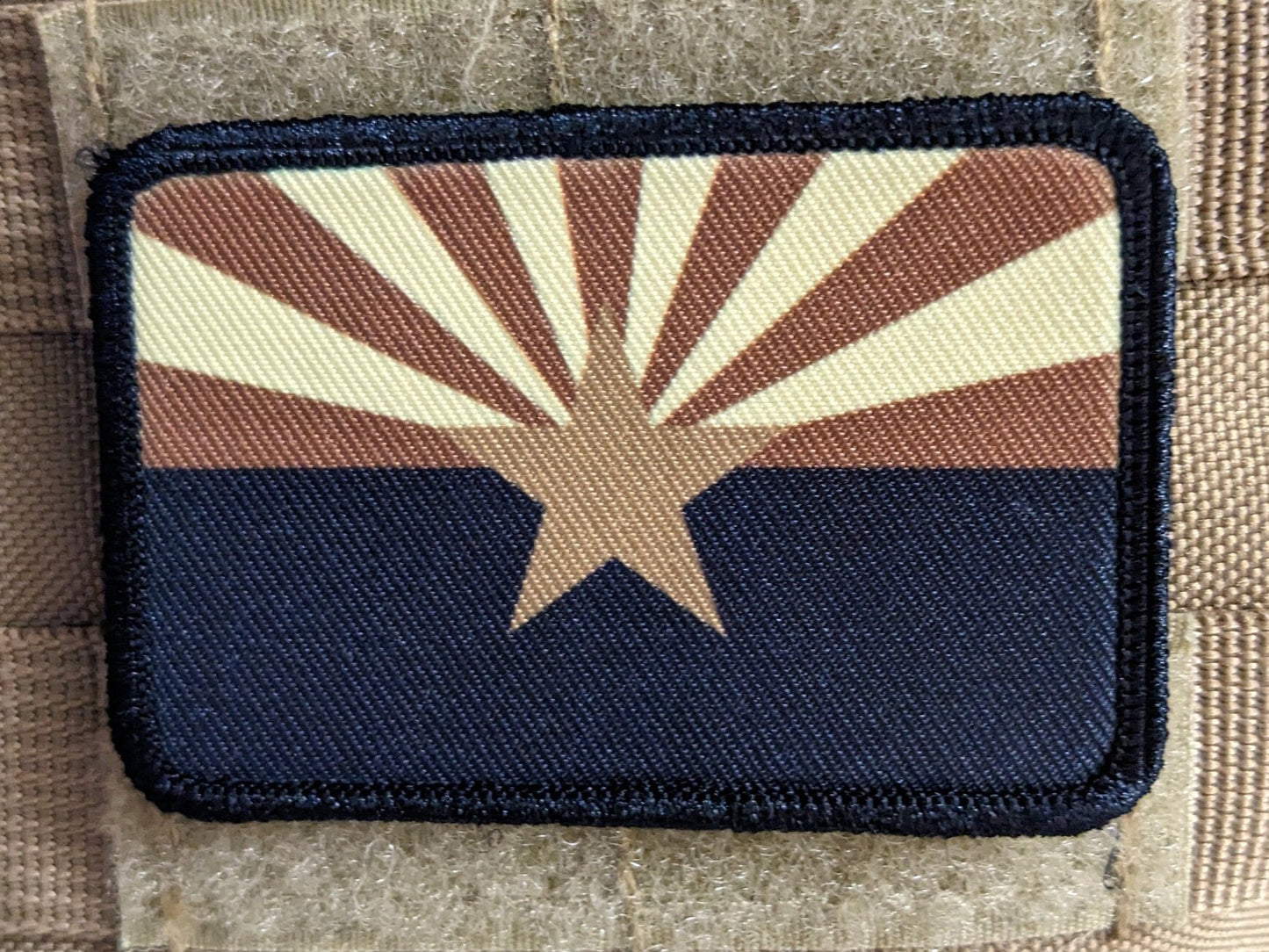 Subdued tan and brown Arizona state flag removable patch 2"x3" morale patch with hook and loop backing