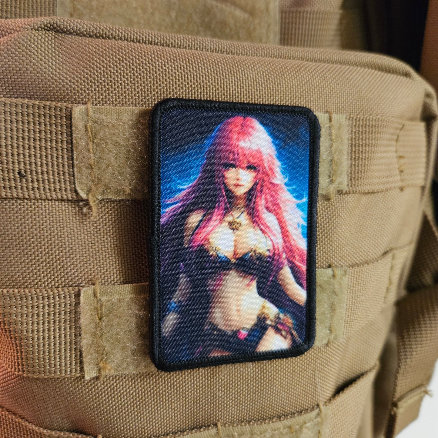 Pink hair waifu Sexy Anime girl cleavage bikini 2"x3" removable morale patch with hook and loop backing